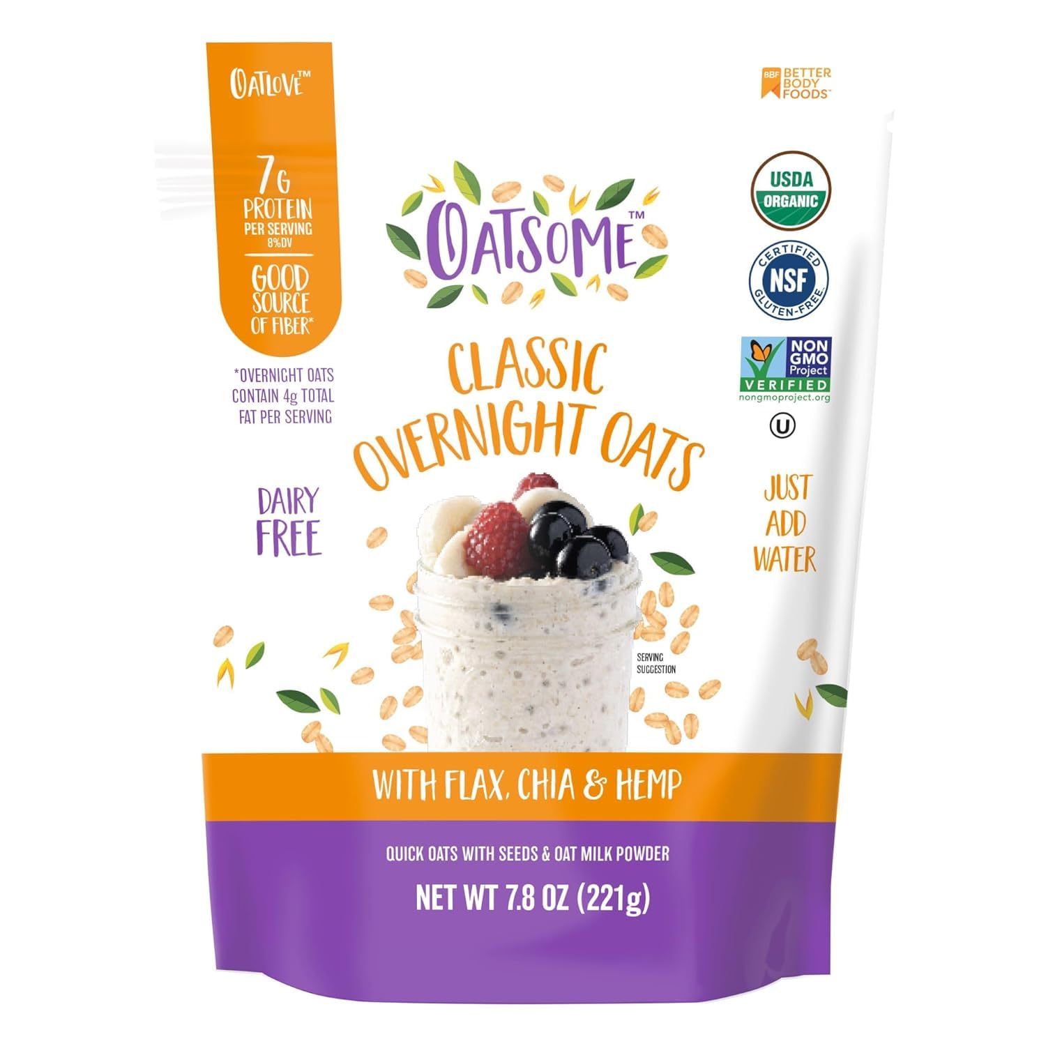 Oatsome Organic Overnight Oats with Chia, Flax, & Hemp, Gluten-Free Oatmeal with 7g of Protein, 2 lb 8 oz (40oz) Bag