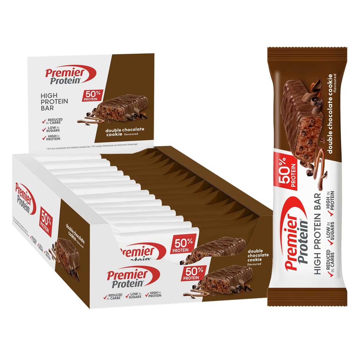 Premier Protein - High Protein Bar 50% - Double Chocolate Cookie - 16x40g - Zuckerarm - Kohlenhydratarm - palmölfrei