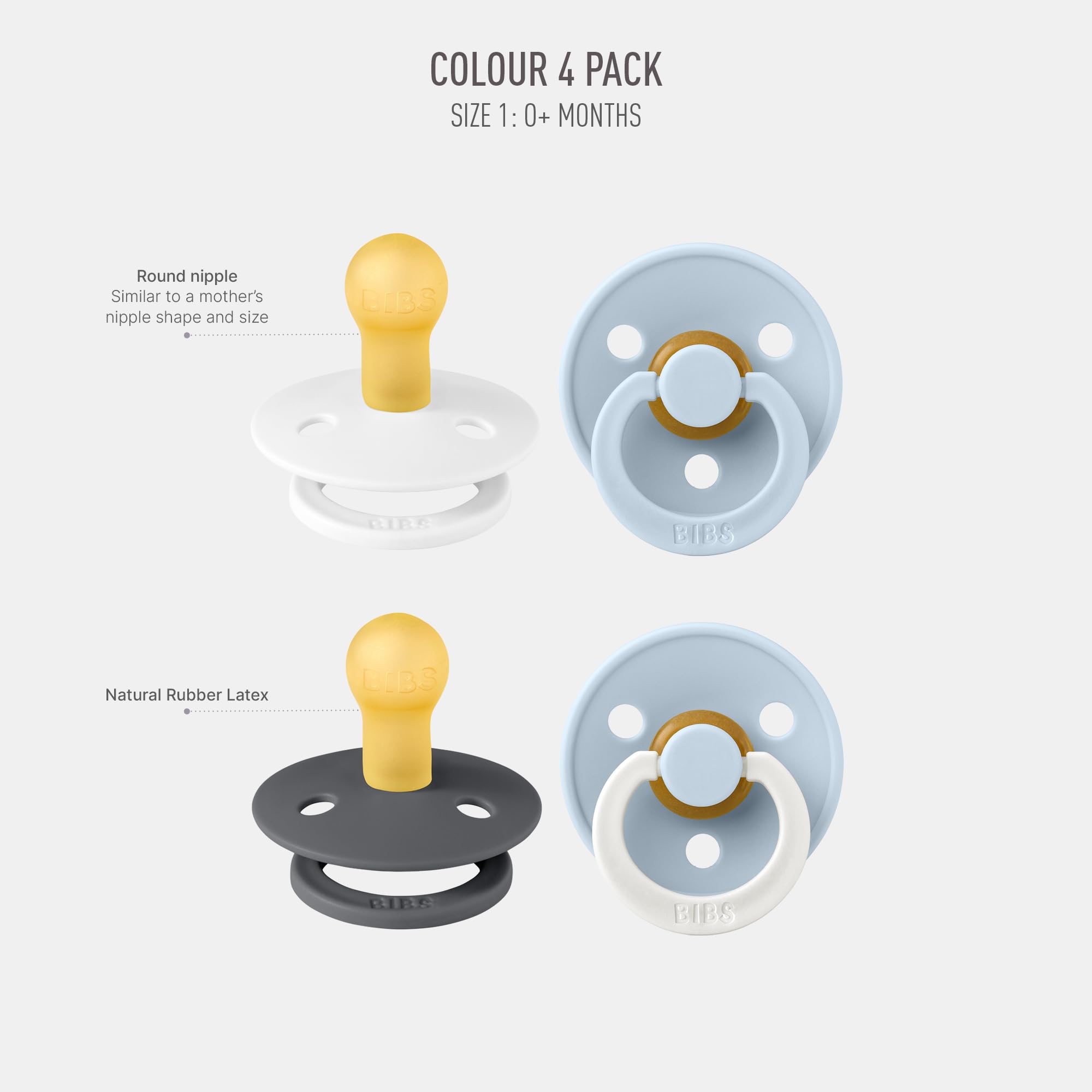 BIBS Colour Schnuller 4er-Pack, BPA-frei, Kirschform Nippel. Naturkautschuk/Latex, Hergestellt in Dänemark. 6-18 Monate (4er Pack), Iron Mix