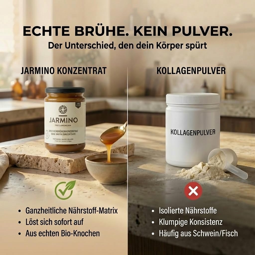JARMINO Bio Rinderknochenbrühe Konzentrat, Grasgefütterte Brühe für Menschen, Flüssige Knochenbrühe mit Kollagenprotein, Keto, Paleo & AIP geeignet, Rinderbrühe, 440 g, 44 Portionen