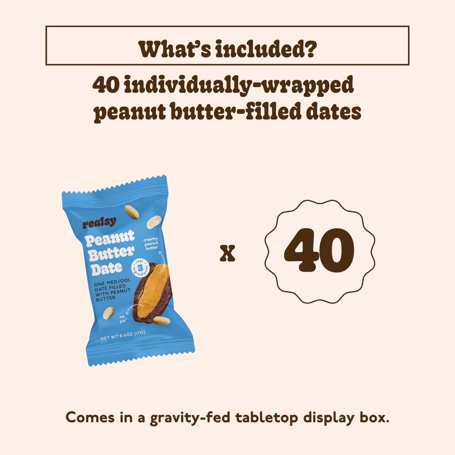 Realsy Stuffed Medjool Dates, Organic Dates with No Sugar Added, Gluten-Free, Vegan, All-Natural Healthy Snack, Individually Wrapped (40 ct) (Peanut Butter)