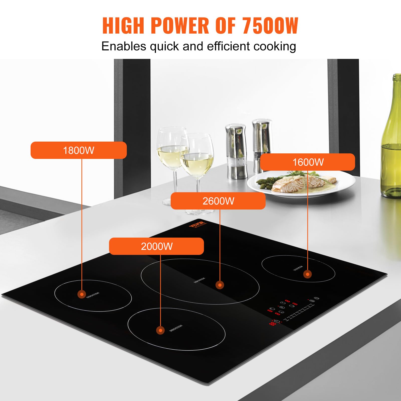 VEVOR Built-in Induction Electric Stove Top 30 Inch,5 Burners Electric Cooktop,9 Power Levels & Sensor Touch Control,Easy to Clean Ceramic Glass Surface,Child Safety Lock,240V