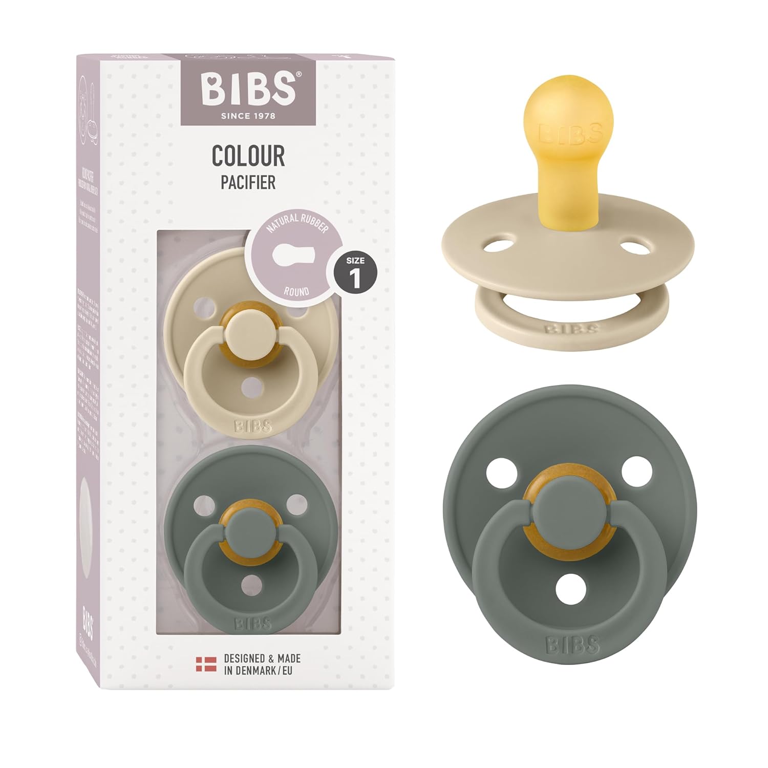 BIBS Colour Schnuller 2er-Pack, BPA-frei, Kirschform Nippel. Naturkautschuk/Latex, Hergestellt in Dänemark. Größe 1 | 0+ Monate | 2-Pack, Ivory/Sage