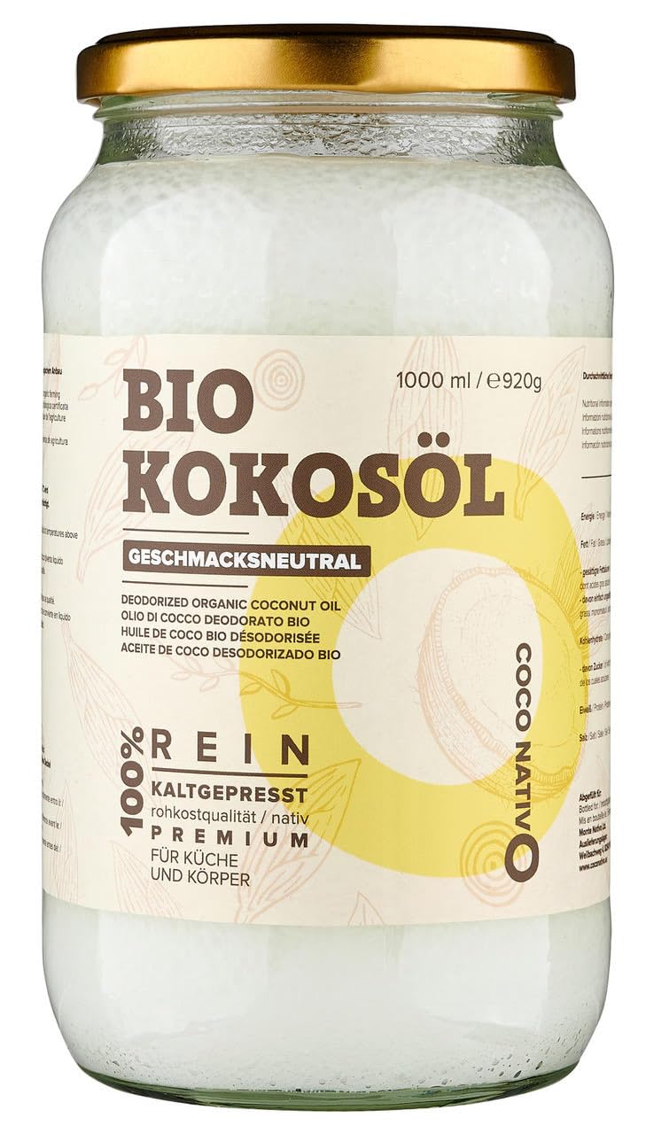Bio Kokosöl CocoNativo - 1000mL (1L) - Bio Kokosfett, Kokosnussöl, Premium, Nativ, Kaltgepresst, Rohkostqualität, Rein (1000ml) - zum Kochen, Braten und Backen, für Haare und Haut