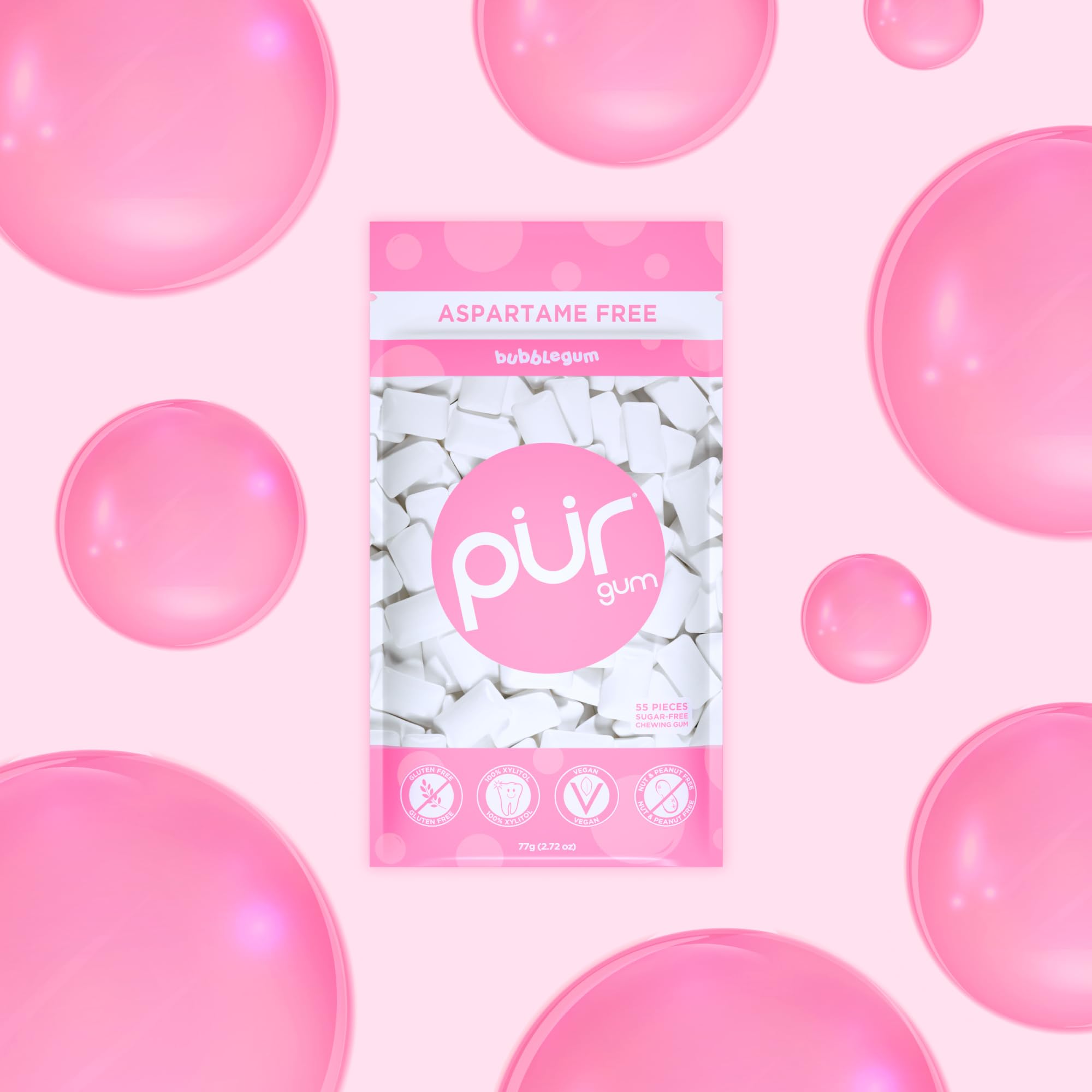 PUR Gum | Zuckerfreier Kaugummi | Mit Xylit | Vegan, Aspartamfrei & Glutenfrei | Natürlicher Kaugummi Mit Spearmint-Geschmack, 55 Stück (3er Pack)