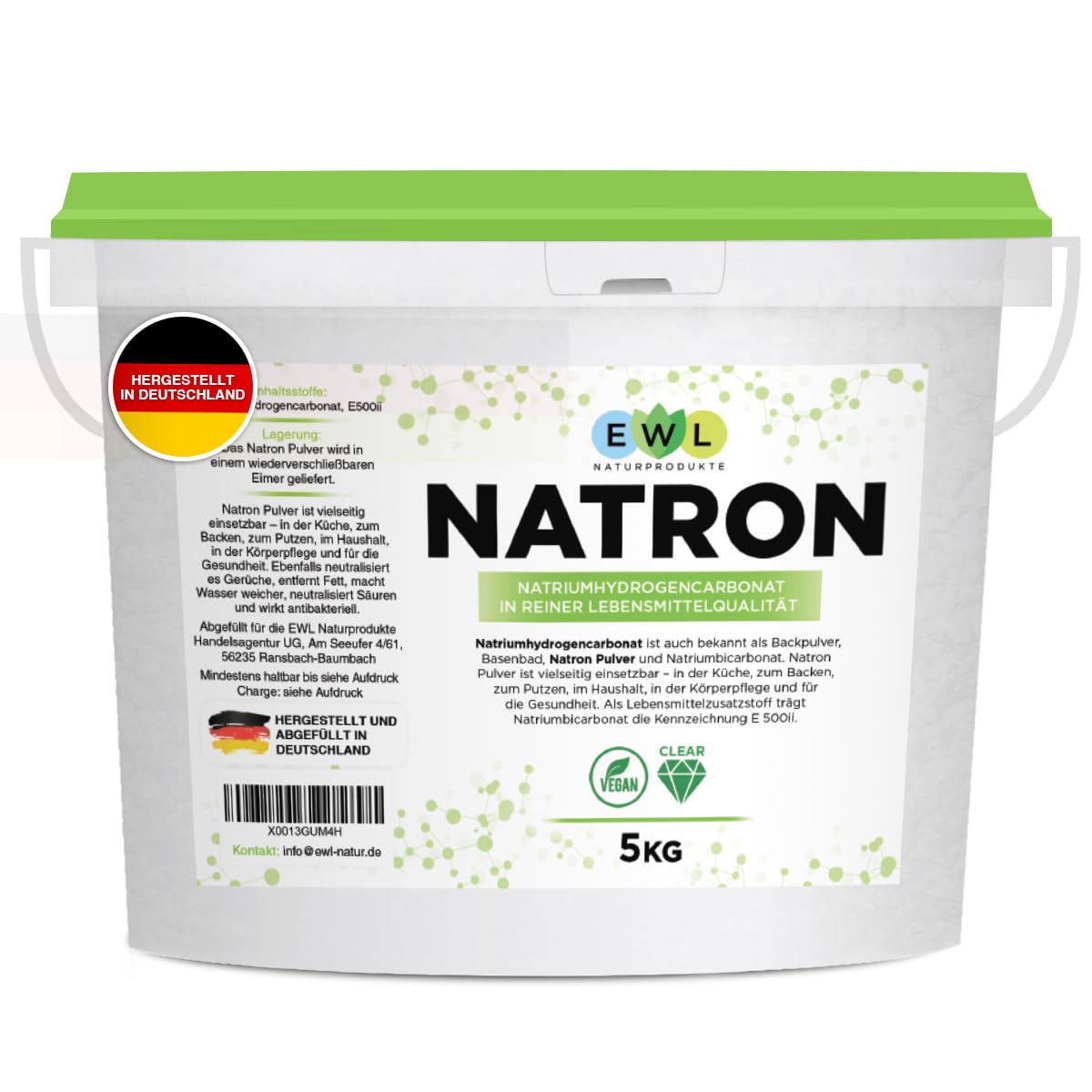EWL Naturprodukte Natron Pulver 900 g, Backing Soda, Natronpulver in hochreiner Lebensmittelqualität, Herstellung und Abfüllung in Deutschland