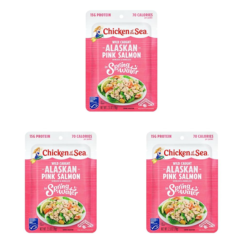 Chicken of the Sea Alaskan Pink Salmon in Spring Water, 2.5 Ounce Packets (Box of 12), Wild Caught, Skinless & Boneless