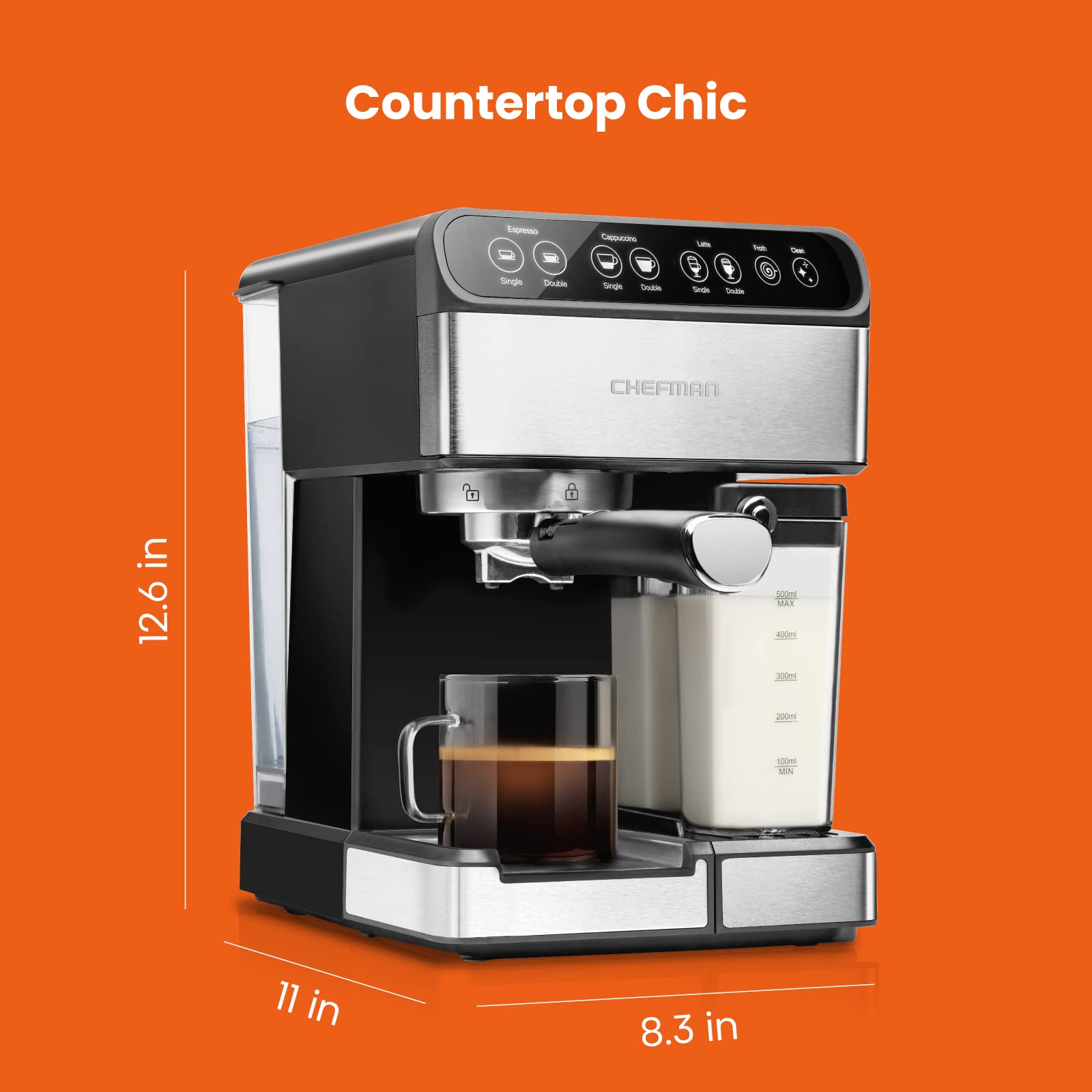 Chefman Crema Deluxe Espresso Machine with Double Boiler, Use Milk Frother and Brew Espresso Simultaneously, Professional Coffee Maker with Coffee Grinder and Steam Wand, 30 Grind Settings