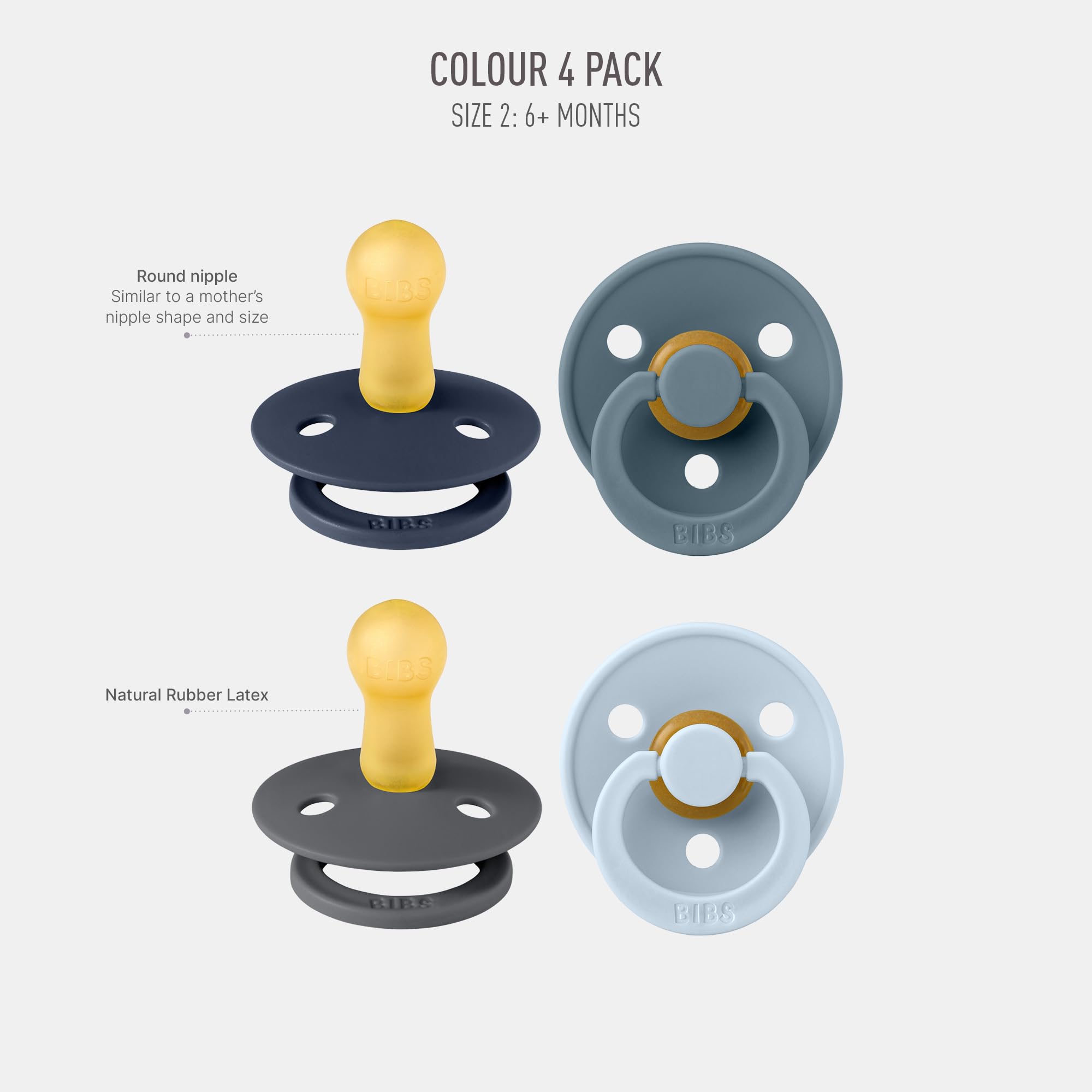 BIBS Colour Schnuller 4er-Pack, BPA-frei, Kirschform Nippel. Naturkautschuk/Latex, Hergestellt in Dänemark. 6-18 Monate (4er Pack), Iron Mix