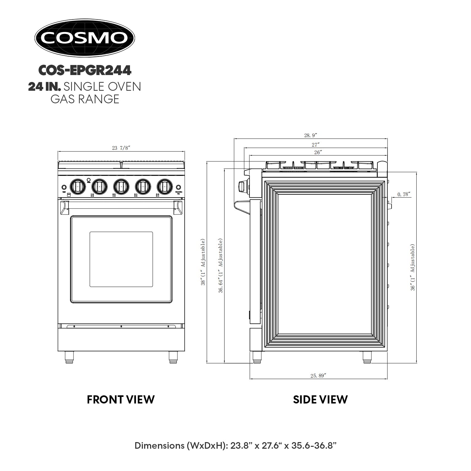 COSMO COS-EPGR366 36 in. Haven Collection 6.0 cu. ft. Gas Range, 6 Burners, Convection Oven, Knob LEDs, Storage Drawer, Stainless Steel
