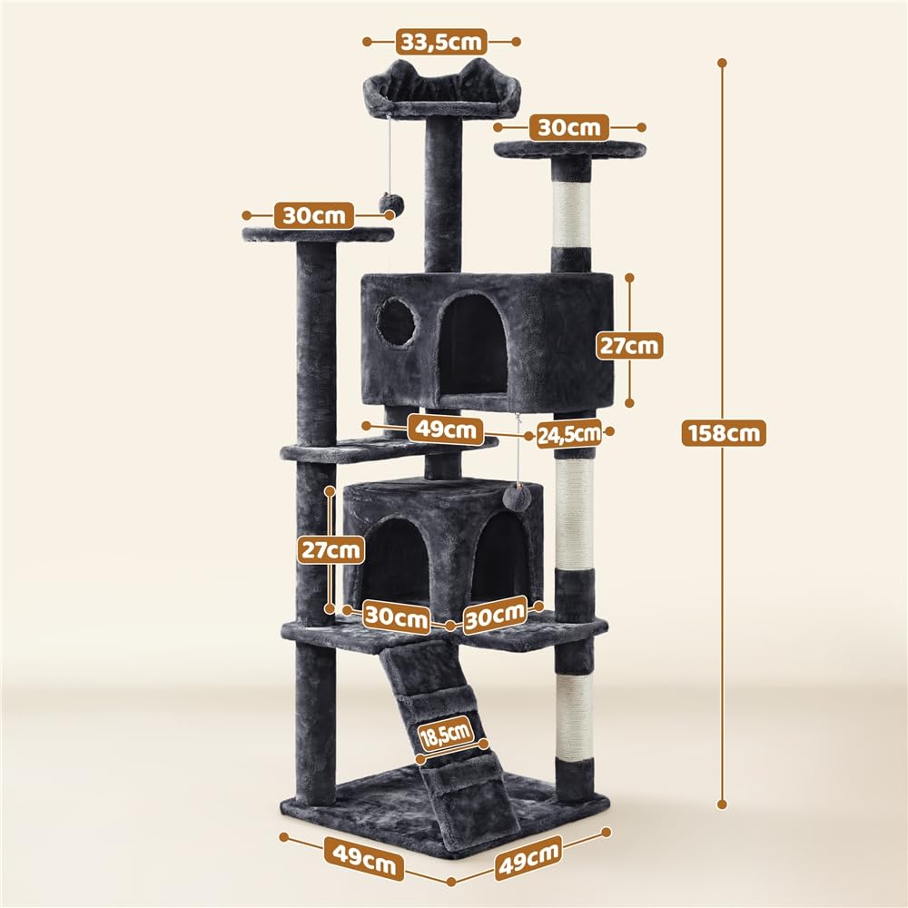 Yaheetech Kratzbaum Groß, 139 cm hoch, Mehrstöckiger Katzenbaum Kletterturm mit 3 Kratzsäulen, 3 Plattformen, 2 Gemütlichen Höhlen, 2 Plüschbällen, Stabiler Aktivitätsbereich für Katzen, Dunkelgrau