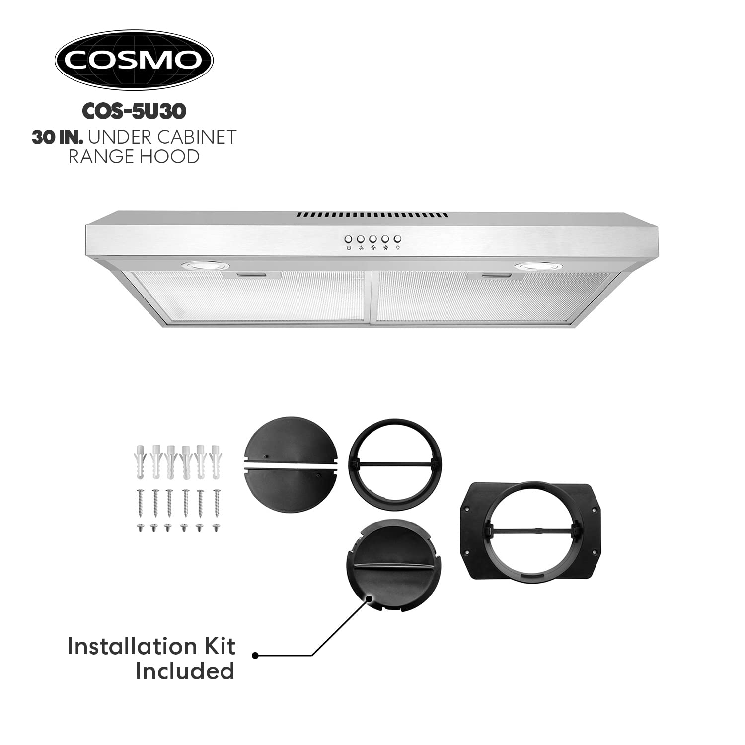 COSMO COS-5MU30 30 in. Delta Collection Ducted Under Cabinet Range Hood, Button Controls, Reusable Filters, LED Lights, Stainless Steel