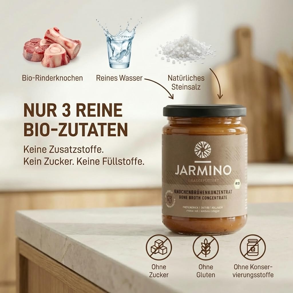 JARMINO Bio Rinderknochenbrühe Konzentrat, Grasgefütterte Brühe für Menschen, Flüssige Knochenbrühe mit Kollagenprotein, Keto, Paleo & AIP geeignet, Rinderbrühe, 440 g, 44 Portionen