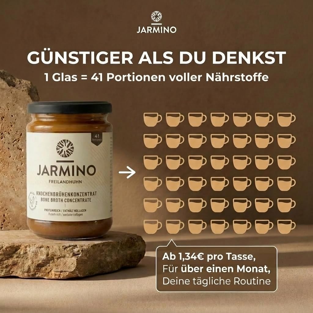 JARMINO Bio Rinderknochenbrühe Konzentrat, Grasgefütterte Brühe für Menschen, Flüssige Knochenbrühe mit Kollagenprotein, Keto, Paleo & AIP geeignet, Rinderbrühe, 440 g, 44 Portionen
