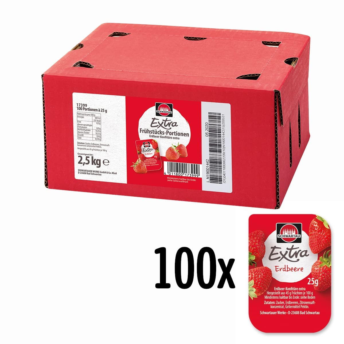 Schwartau Samt Portionen Mix-Box, Konfitüre Portionsschalen (50 x Erdbeere, 25 x Aprikose, 25 x zweierlei Kirsch), Großpackung, 100 x 25g