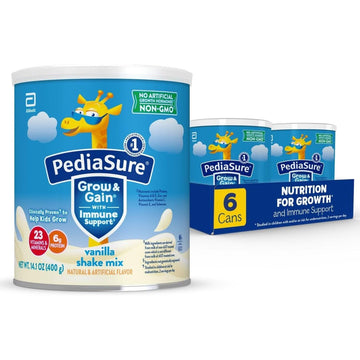 PediaSure Grow & Gain with Immune Support Shake Mix Powder, 23 Vitamins & Minerals, 6g Protein, Non-GMO, Gluten-Free, Kids Nutrition, Vanilla, 14.1 oz Can, Pack of 6-48 servings