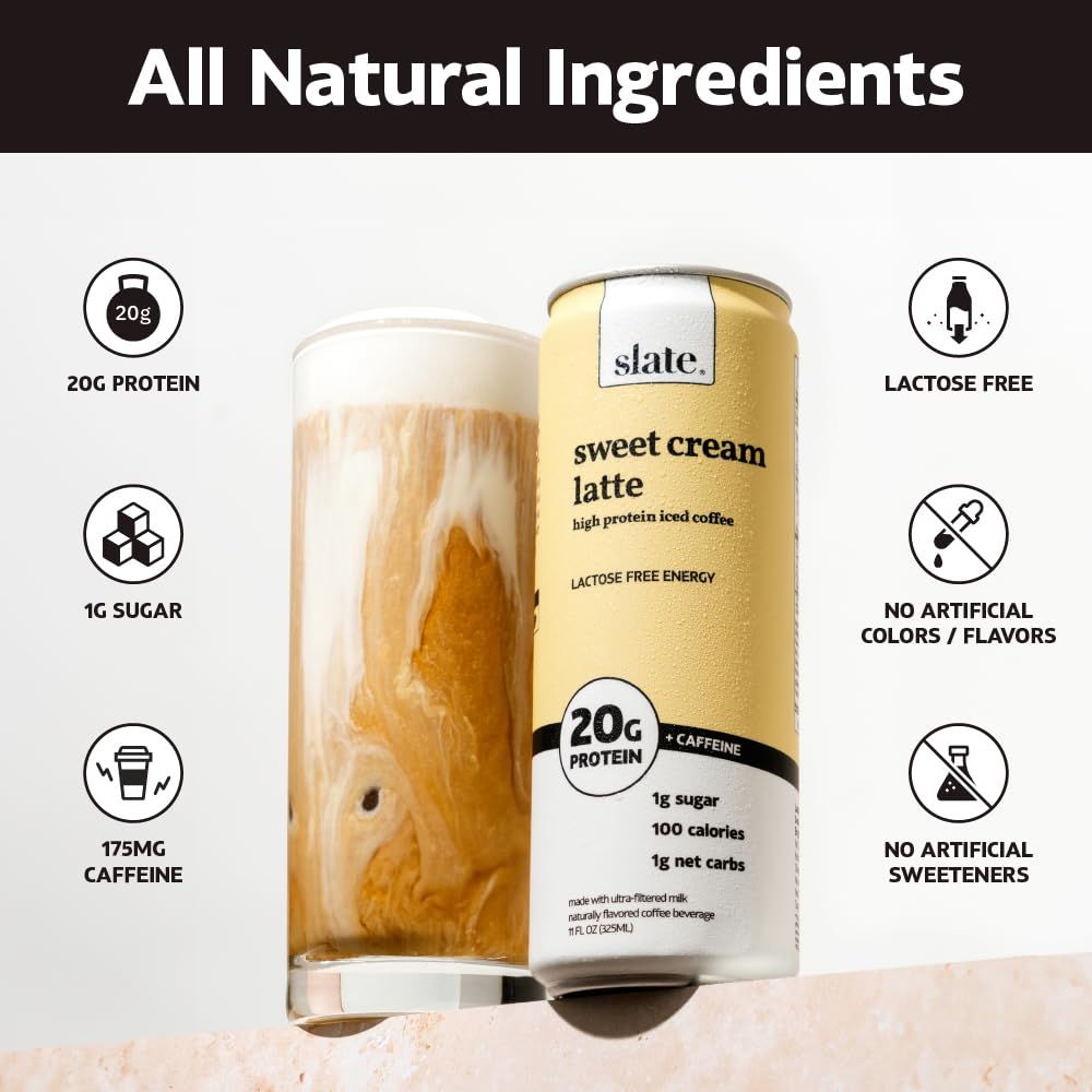 Slate Milk - High Protein Milkshake - French Vanilla - Lactose-Free, 20g Protein, 1g Sugar, 100 Calories, 1g Net Carbs, No Added Sugar - Natural, Breakfast Boost, Post Workout - 11 fl oz, 12 Cans