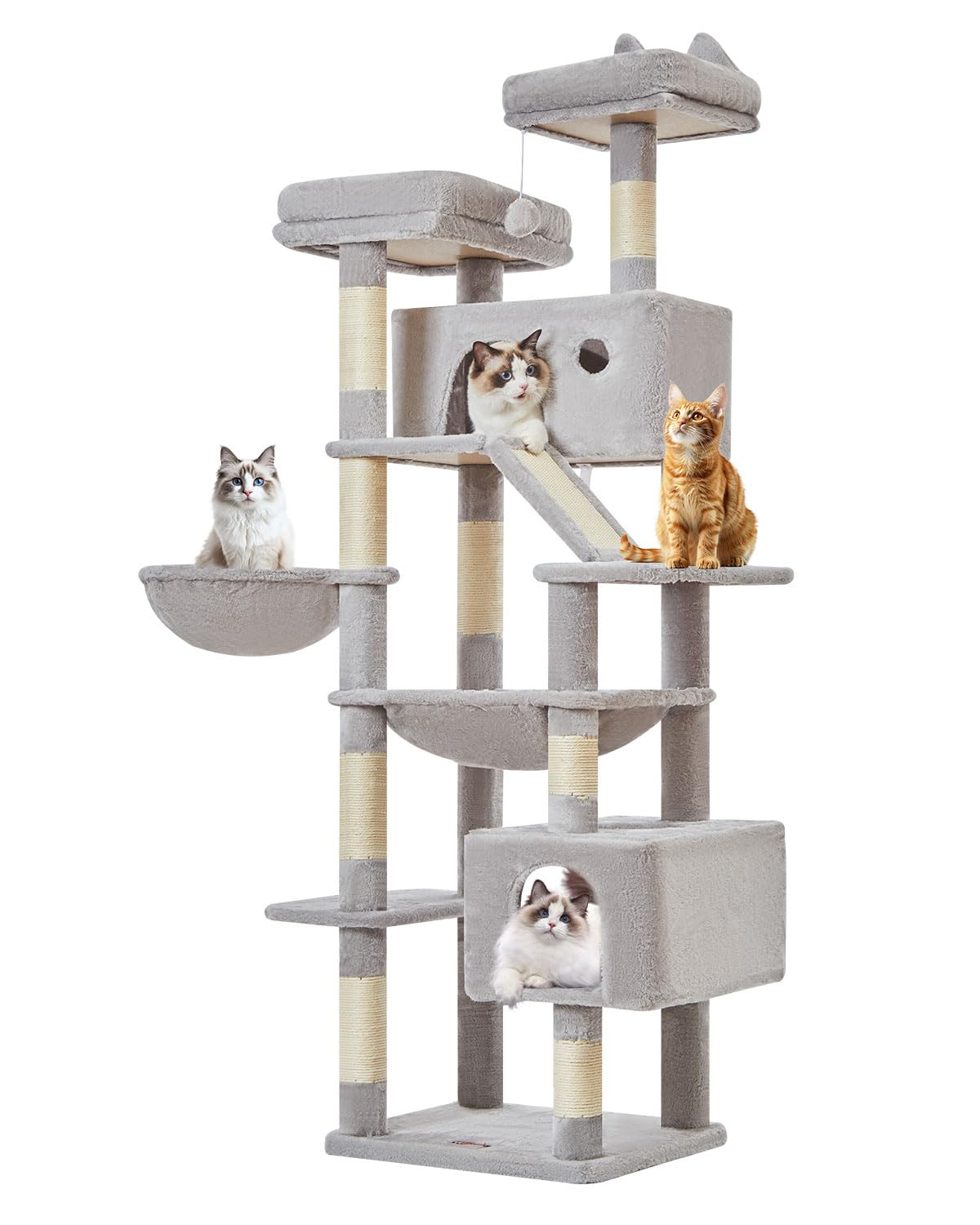 Taoqimiao 180CM Kratzbaum Groß, Katzenbaum Katzen Kratzbaum Grosse Katzen Stabil mit 2 Katzenhaus, Metallhängematte, Korb, 8 Kratzsäulen, Katzenkratztafel, MS026LM Beige