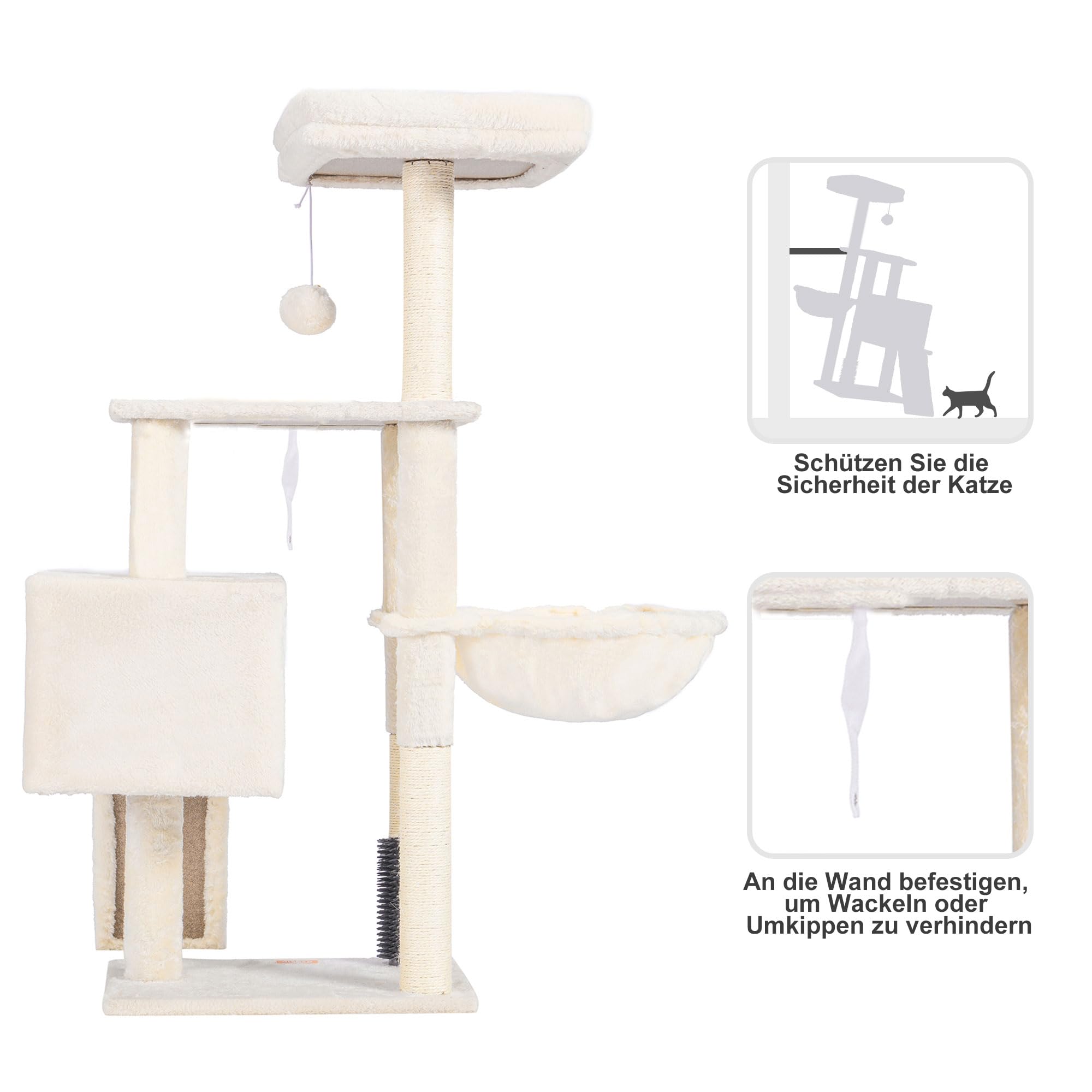 Heybly Kratzbaum mit Katzenbürste, Katzenbaum für Hauskatzen mit Gepolsterter Sitzstange aus Plüsch, Katzenkratzbaum mit Korb, Kratzbrett und Kratzbaum, Hellgrau HCT005SW