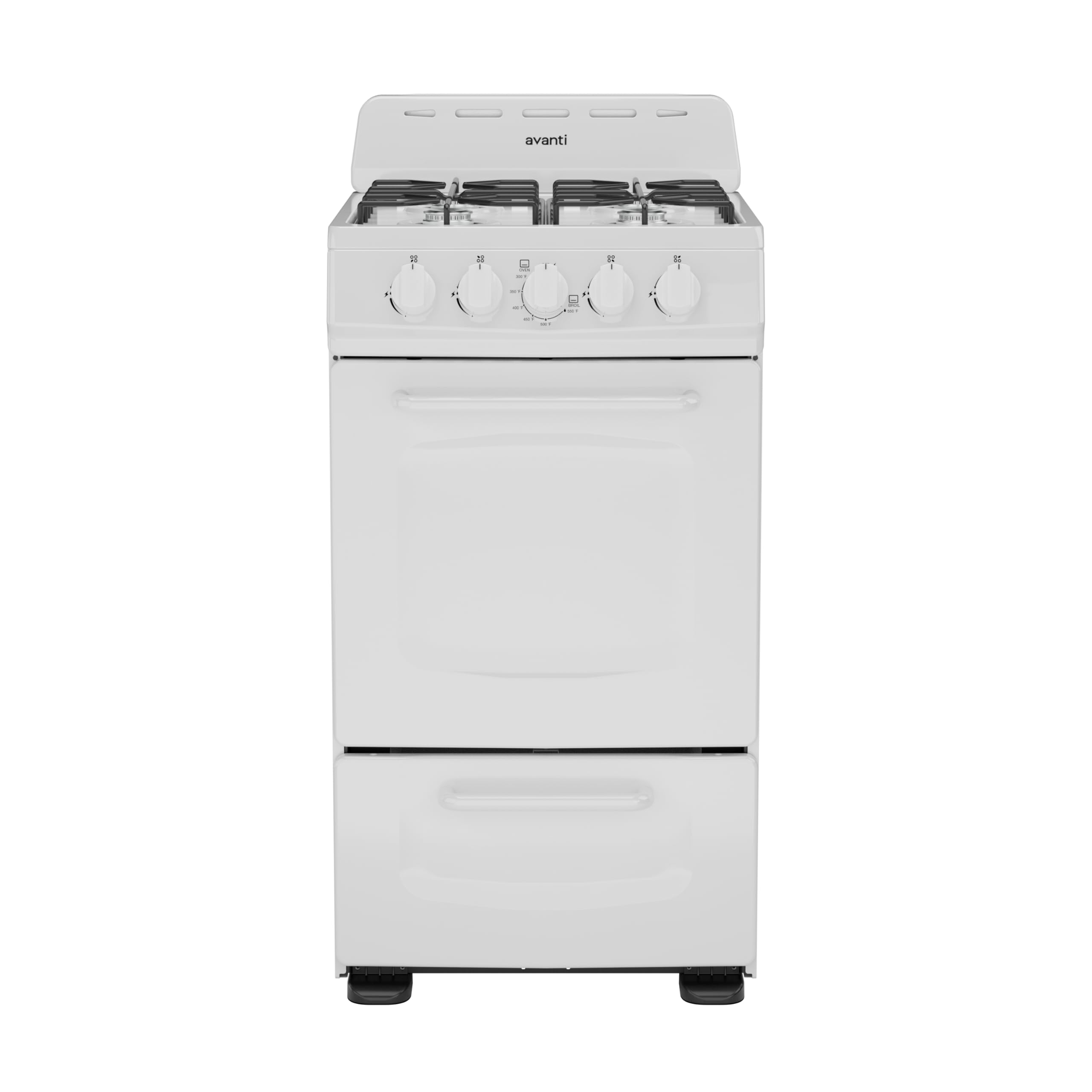 Avanti Gas Range Oven, Compact Freestanding Design, 4 Burners with Electronic Ignition, 2.1 Cu.Ft. Capacity Features Solid Door Storage Drawer Broiler and Accessories, 20-Inch, White