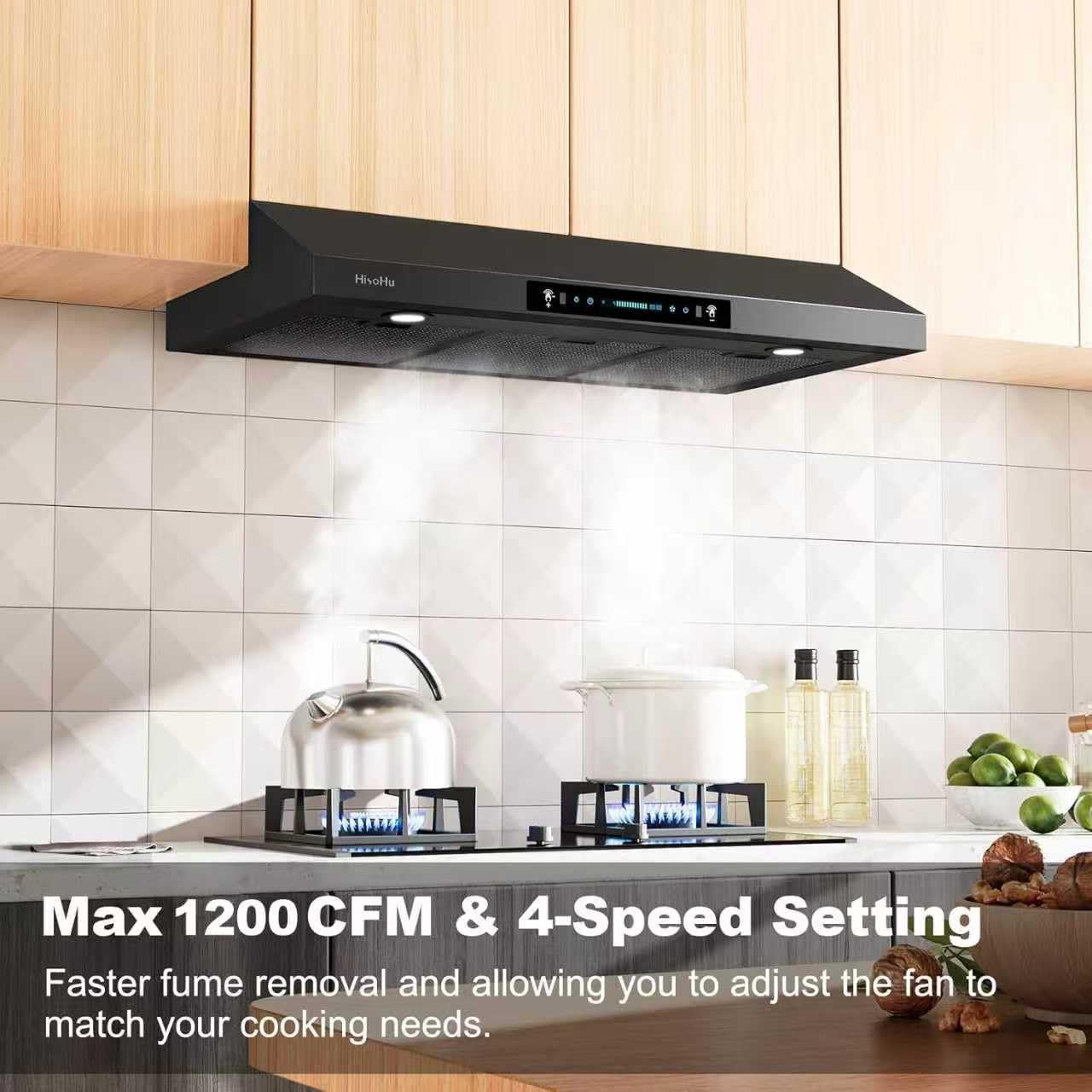 HisoHu 30 Inch Under Ducted Cabinet Range Hood with 1200 CFM, 4 Speed Gesture Sensing Kitchen Exhaust Hood & Touch Control Panel, Stainless Steel Stove Vent Hood with 2 LED Lights