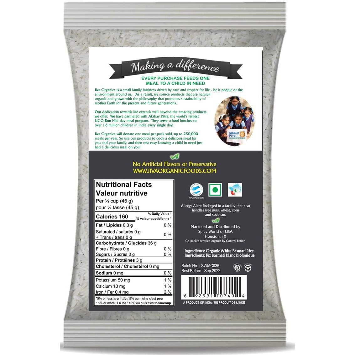 Organic Basmati Rice 10 LB Bag - Pure, Long, Premium Quality from India - by Jiva Organics