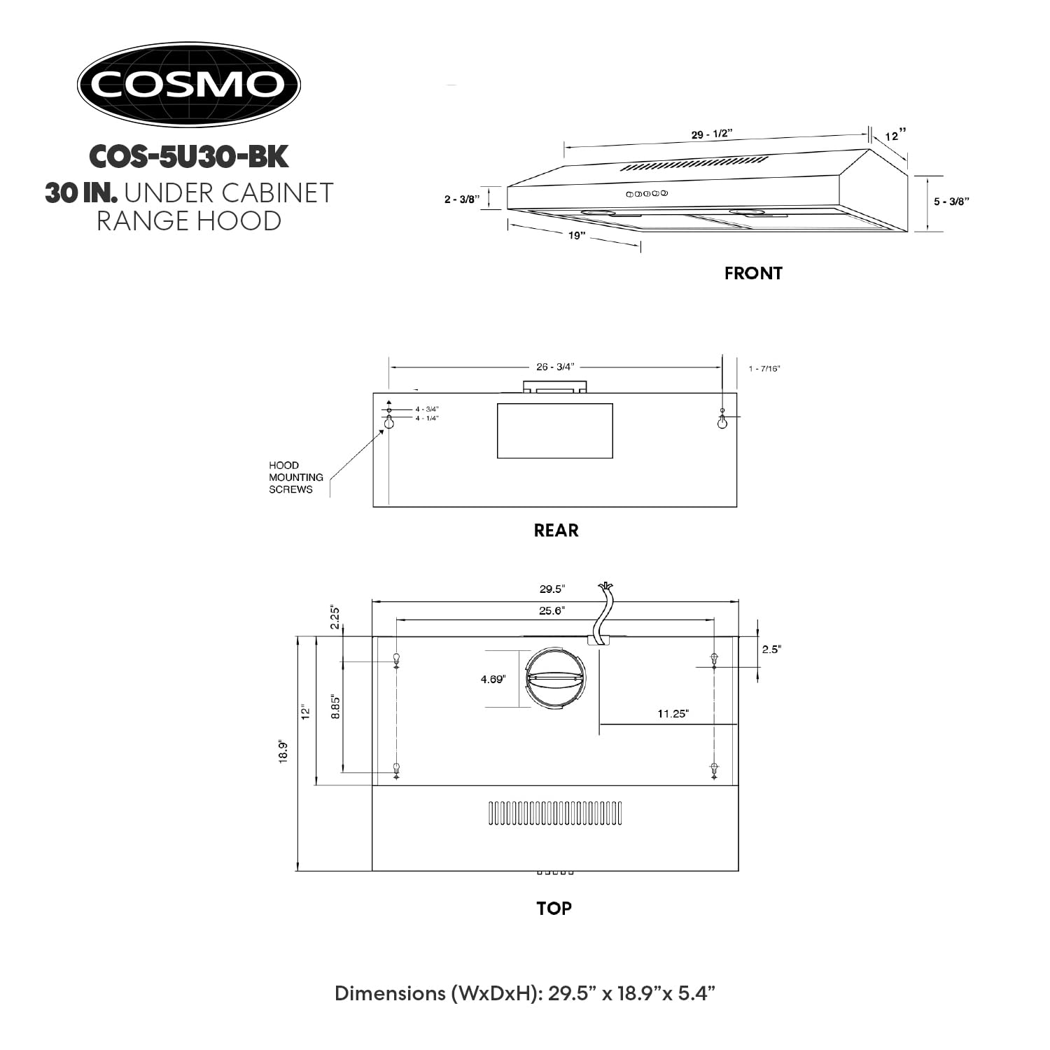 COSMO COS-5MU30 30 in. Delta Collection Ducted Under Cabinet Range Hood, Button Controls, Reusable Filters, LED Lights, Stainless Steel