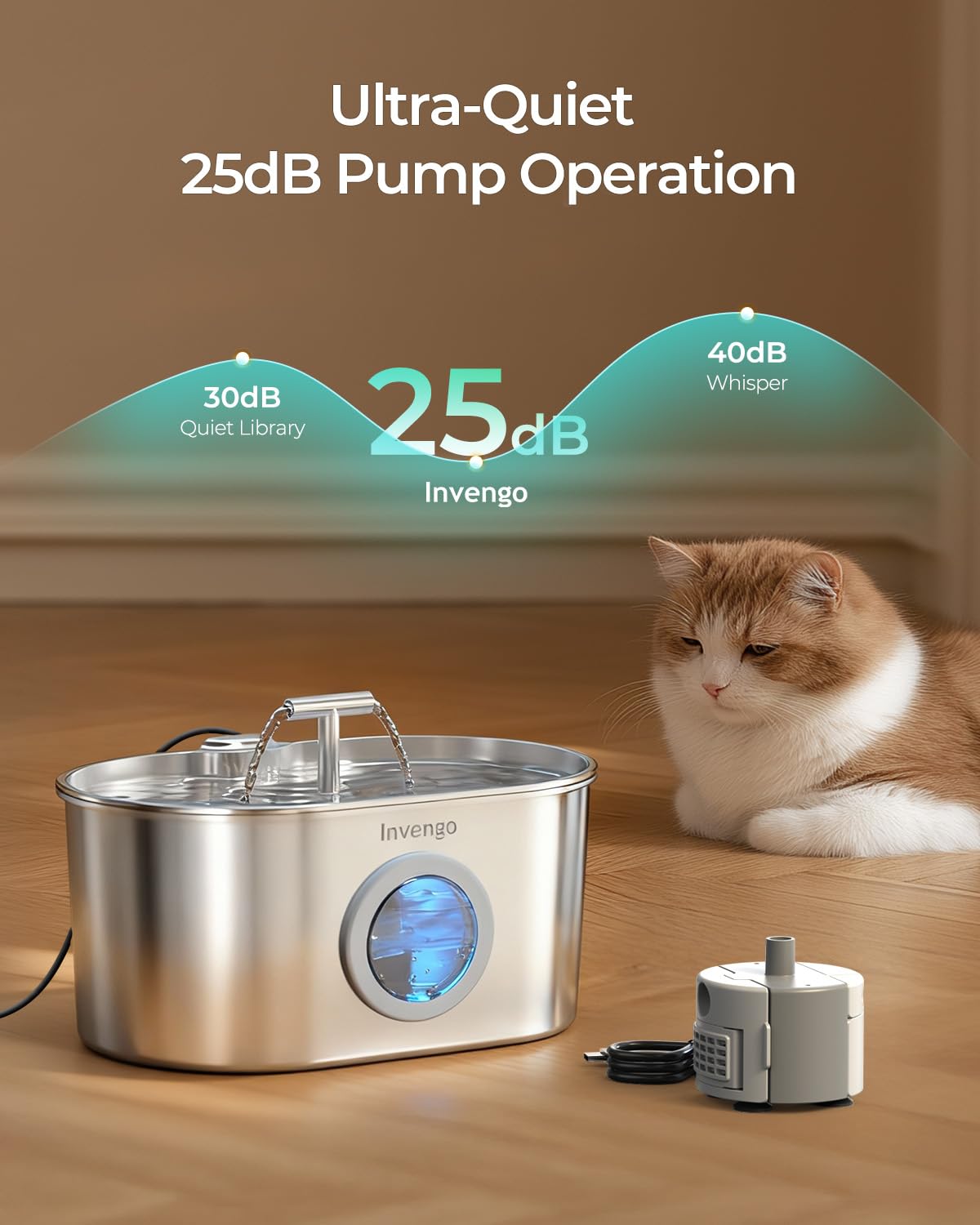 Invengo MeowFlow B30 Trinkbrunnen für Katzen, 2,2L Edelstahl-Haustierbrunnen mit sichtbarem Wasserfenster, einfach zu reinigen und installieren, inkl. 4 Ersatzfilter, spritzwassergeschütztes Design