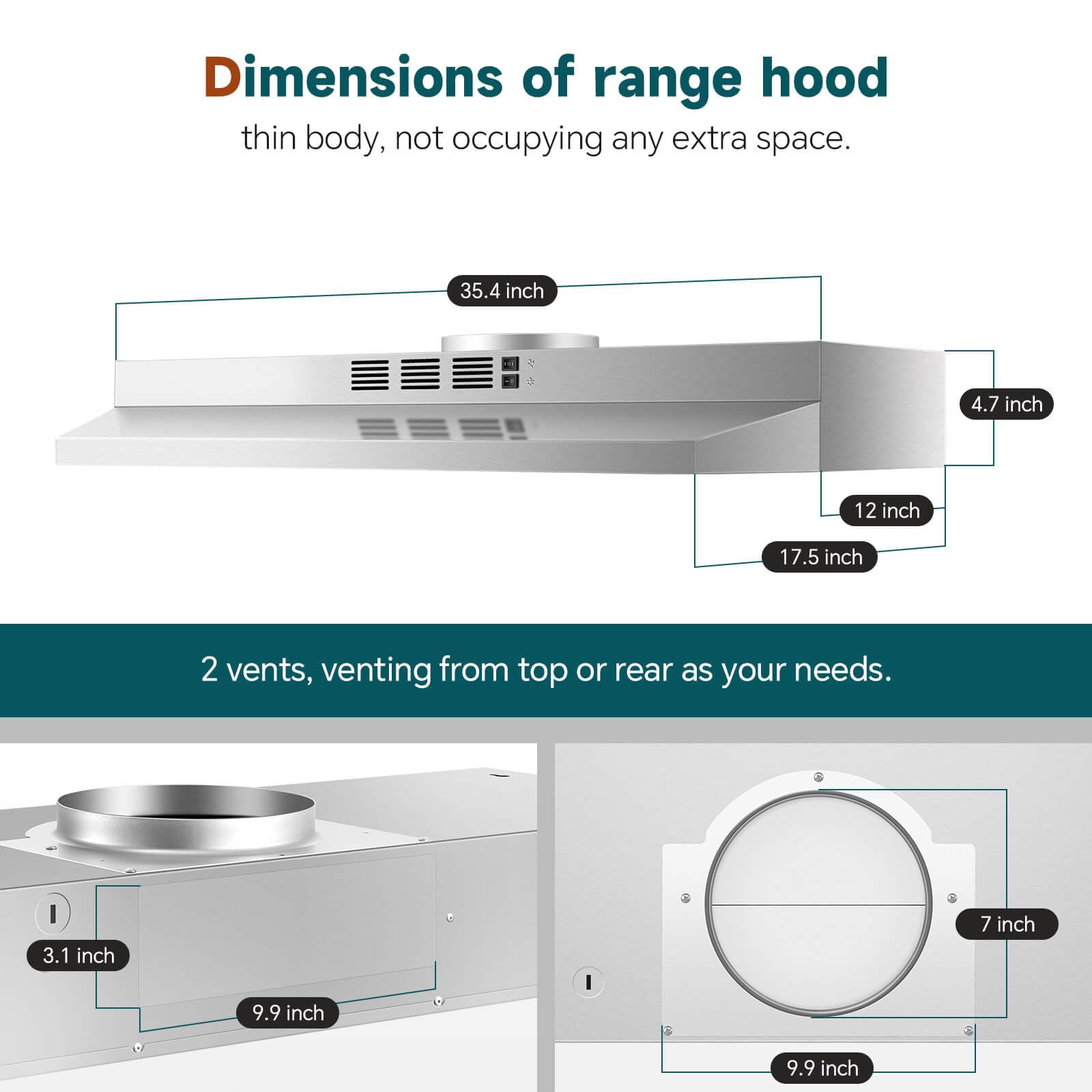 SNDOAS Range Hood 30 inch Under Cabinet, Ducted/Ductless Convertible Kitchen Hood, Stainless Steel Vent Hood with LED Light,Under Cabinet Hood with 2 Speed Exhaust Fan,Black
