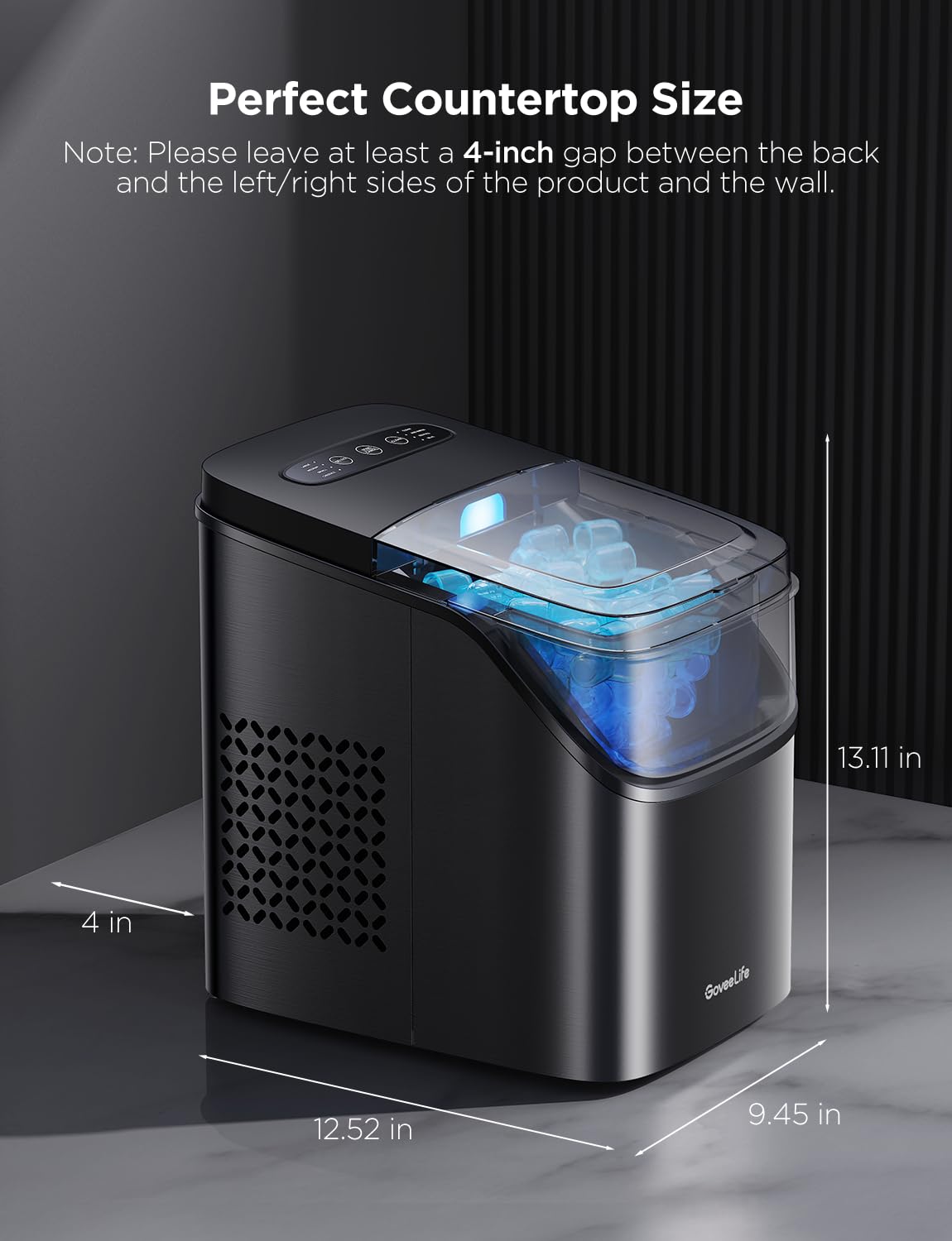 GoveeLife Smart Ice Maker Countertop, Portable Ice Machine with Voice Control, 9 Ice Cubes in 6 Minutes 3 Sizes, 26lbs/24Hrs, Self Cleaning RGB Lights, Quiet Ice Maker with Scoop for Kitchen Silver