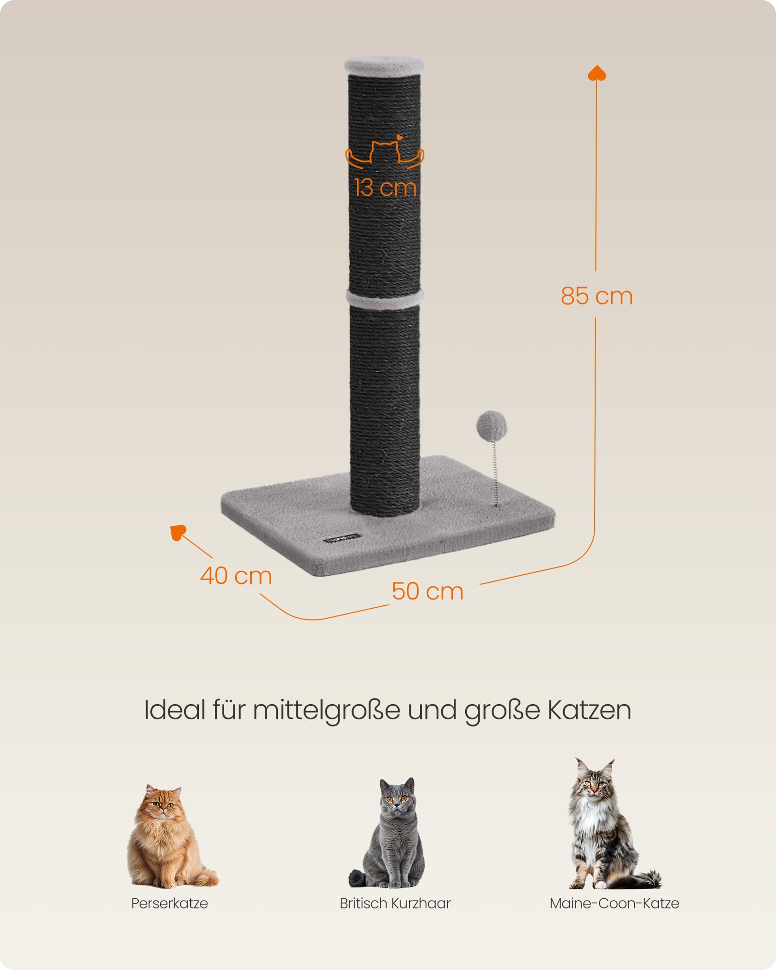 Feandrea Kratzbaum, 85 cm hoch, Kratzsäule XL, 13 cm Dicker Stamm, Katzenbaum, Kratzstamm für mittelgroße und große Katzen, Sisalstamm, mit Plüschball und Glocke, Taubengrau PCA041G01
