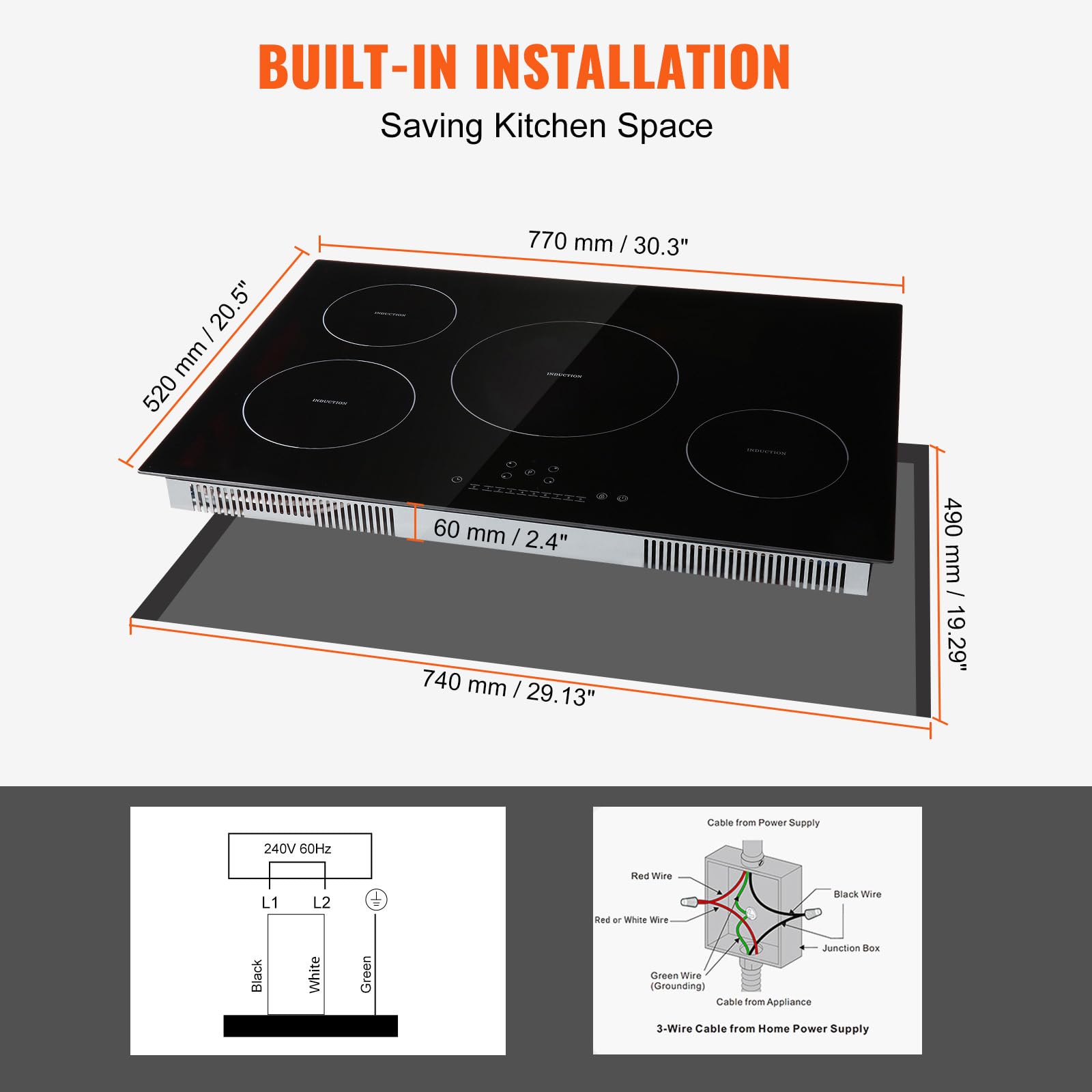 VEVOR Built-in Induction Electric Stove Top 30 Inch,5 Burners Electric Cooktop,9 Power Levels & Sensor Touch Control,Easy to Clean Ceramic Glass Surface,Child Safety Lock,240V