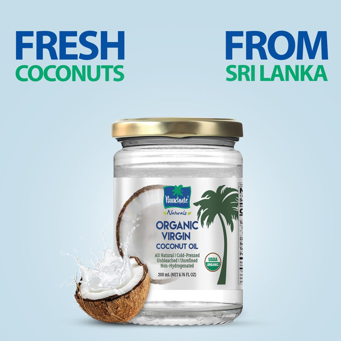 Parachute Naturalz Organic Virgin Coconut Oil | For Cooking, Hair, Body & Oil Pulling | Cold Pressed | Unbleached | Unrefined | Non-Hydrogenated | MCT Oil | USDA Certified |16 Fl.Oz | Glass Jar