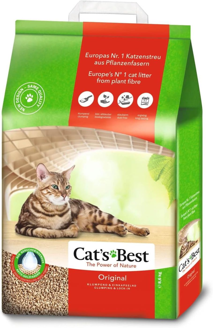 Cat’s Best Original Katzenstreu, 100% pflanzliches Katzenklumpstreu mit maximaler Saugfähigkeit – bekämpft Gerüche natürlich und aktiv, 8,6 kg/20 l (Verpackung kann variieren)