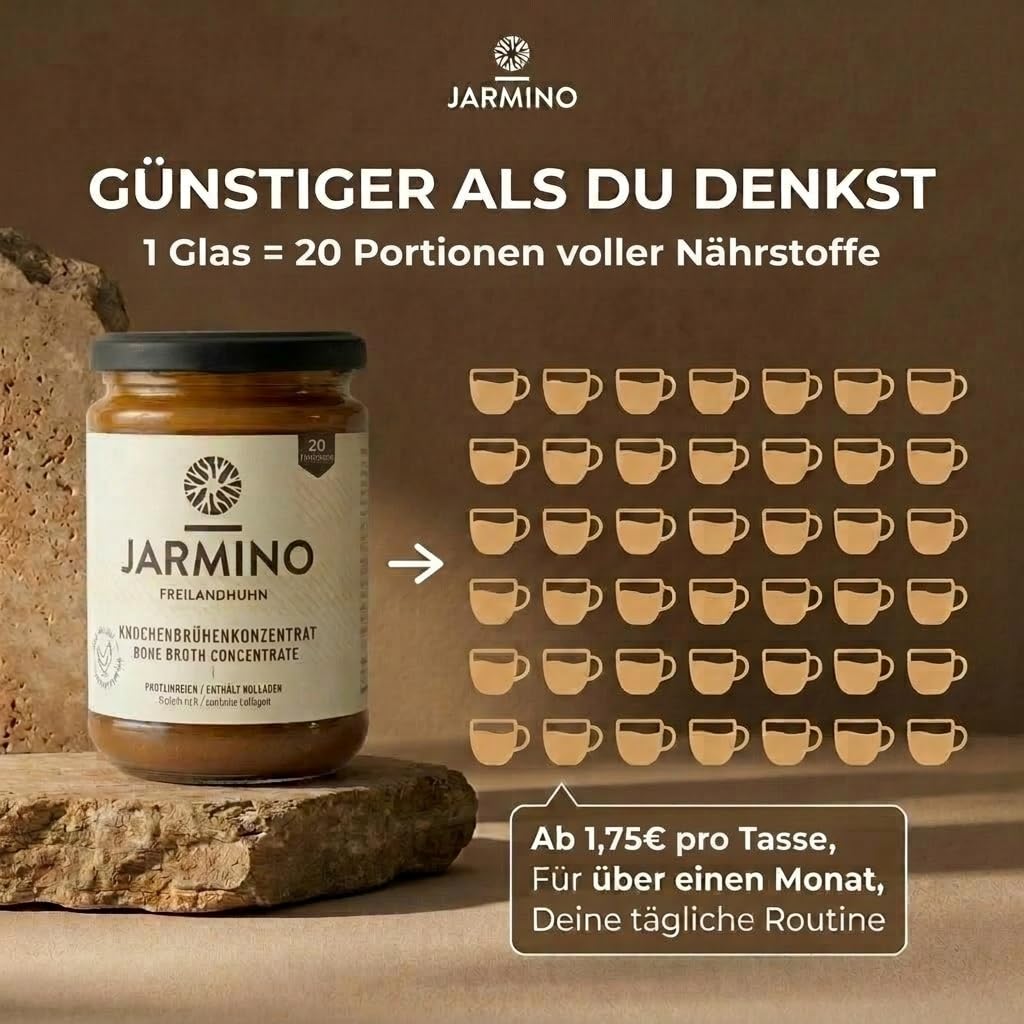JARMINO Bio Rinderknochenbrühe Konzentrat, Grasgefütterte Brühe für Menschen, Flüssige Knochenbrühe mit Kollagenprotein, Keto, Paleo & AIP geeignet, Rinderbrühe, 440 g, 44 Portionen