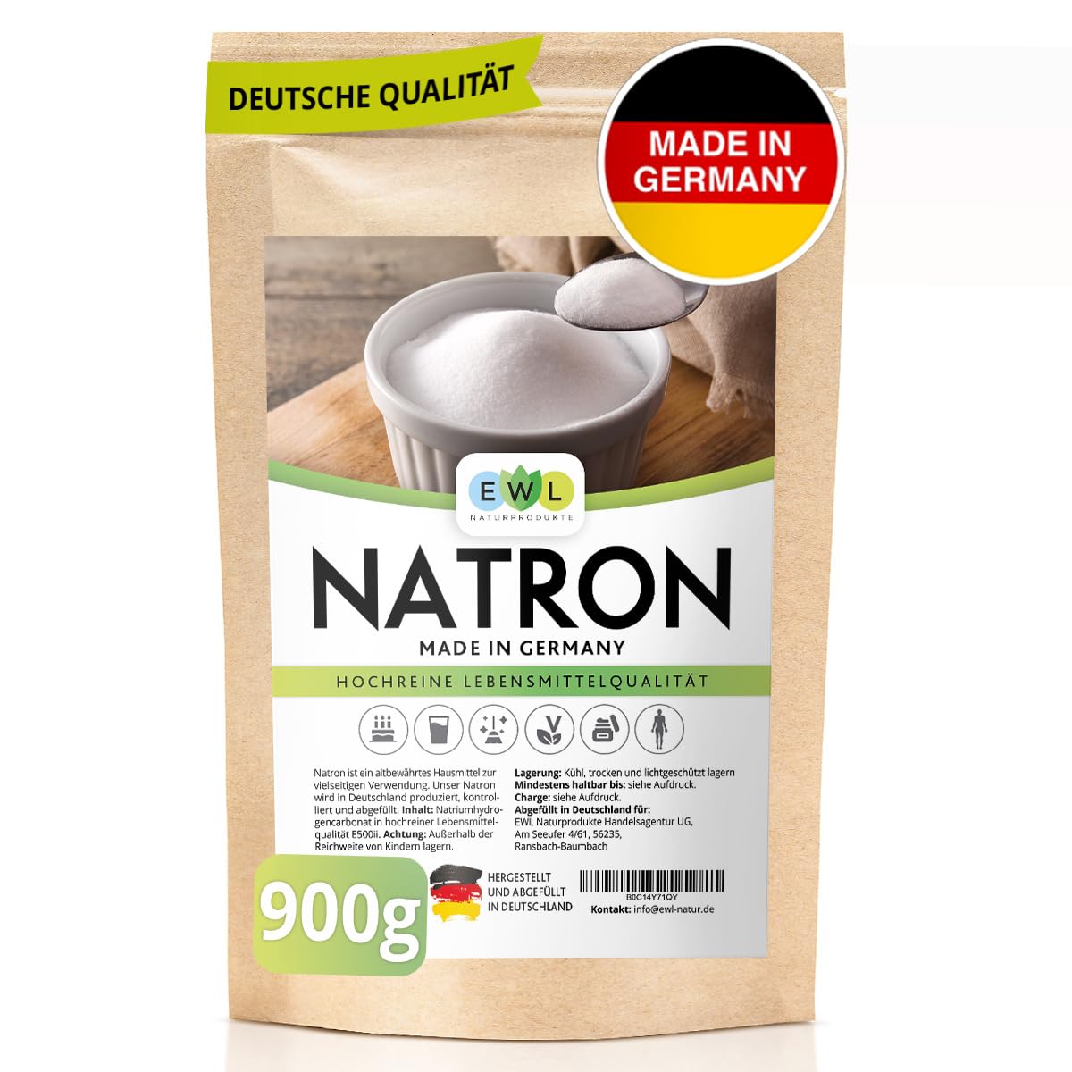 EWL Naturprodukte Natron Pulver 900 g, Backing Soda, Natronpulver in hochreiner Lebensmittelqualität, Herstellung und Abfüllung in Deutschland