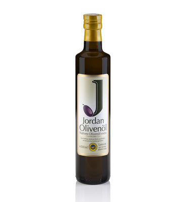 Jordan Olivenöl – Natives Olivenöl Extra - Flasche - 750 Milliliter - Öl kaltgepresst - griechische Oliven von Lesbos aus Jordans Olivenhainen - Ölflasche mit integriertem Ausgiesser & Tropfschutz