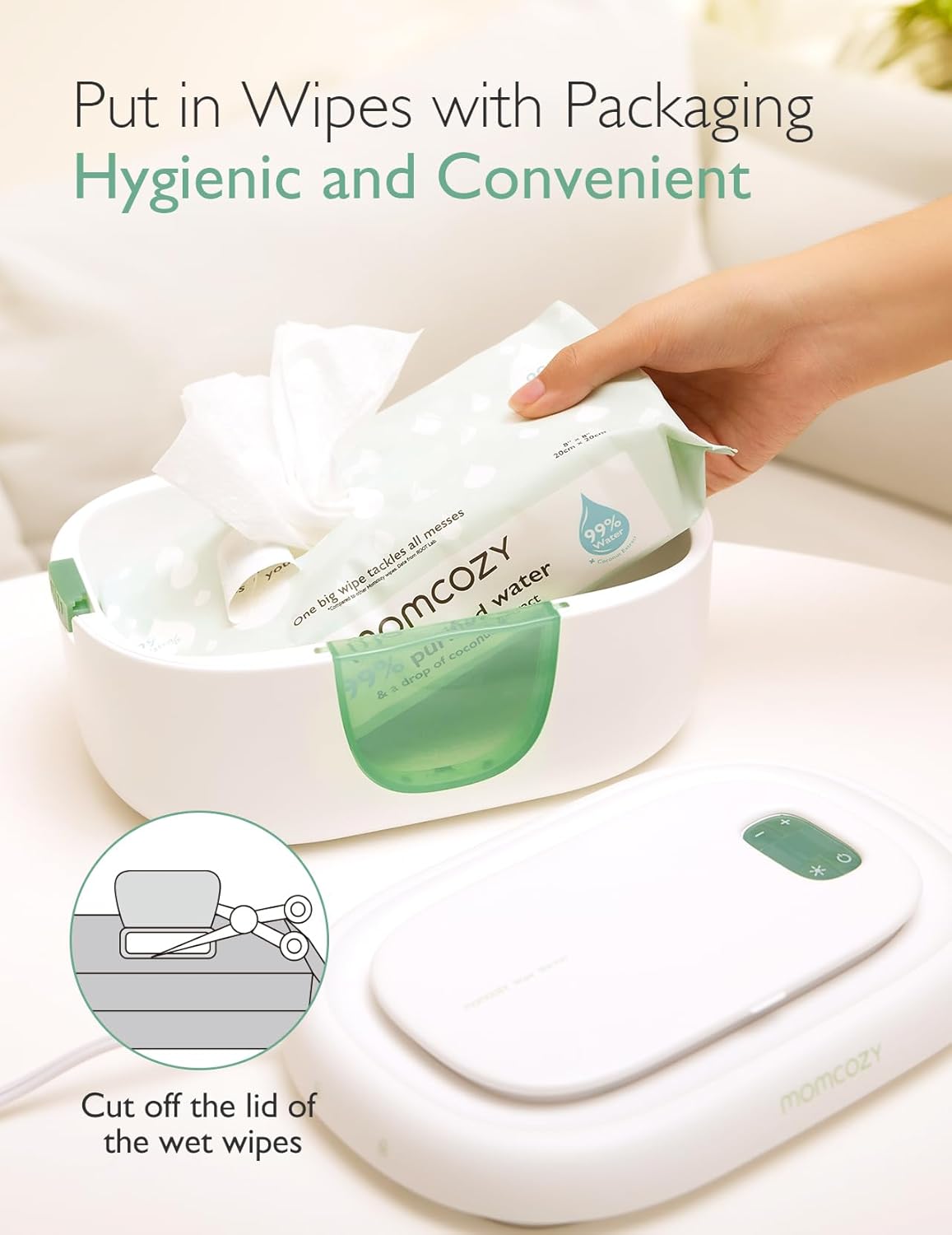 Momcozy Feuchttuch Wärmer, Federdesign, Feuchttücher Box mit großem Fassungsvermögen, schnelles und gleichmäßiges Erwärmen, Temperaturregelung mit 4 Heizmodi, Feuchttuchwärmer mit Nachtlicht