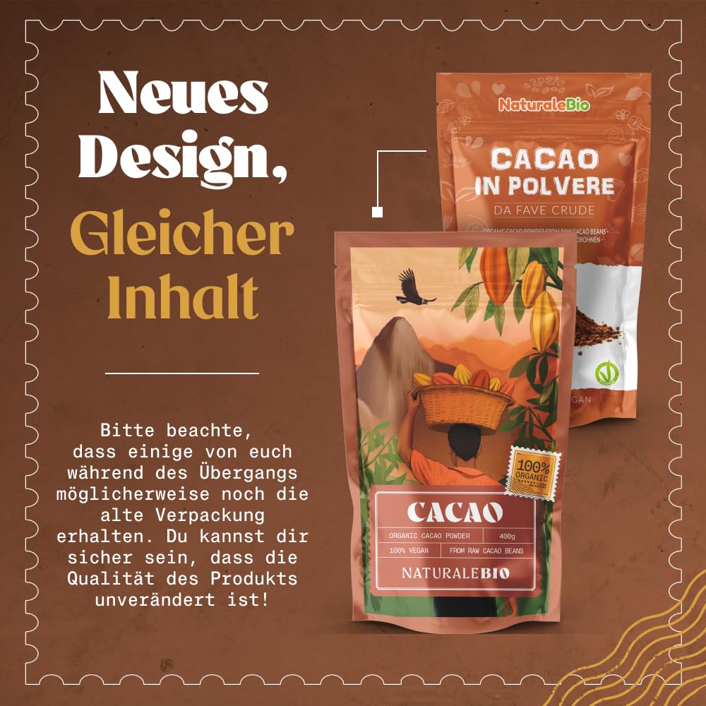 NaturaleBio Kakao Pulver Bio 1kg. Organic Cacao Pulver, Roh & Ungesüßt, Ideal für Getränke, Smoothies & Backen, Reich an Magnesium & Phosphor, Geprüft auf Schwermetalle