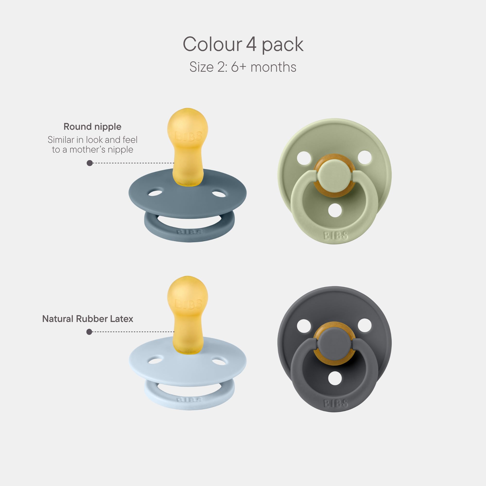BIBS Colour Schnuller 4er-Pack, BPA-frei, Kirschform Nippel. Naturkautschuk/Latex, Hergestellt in Dänemark. 6-18 Monate (4er Pack), Iron Mix