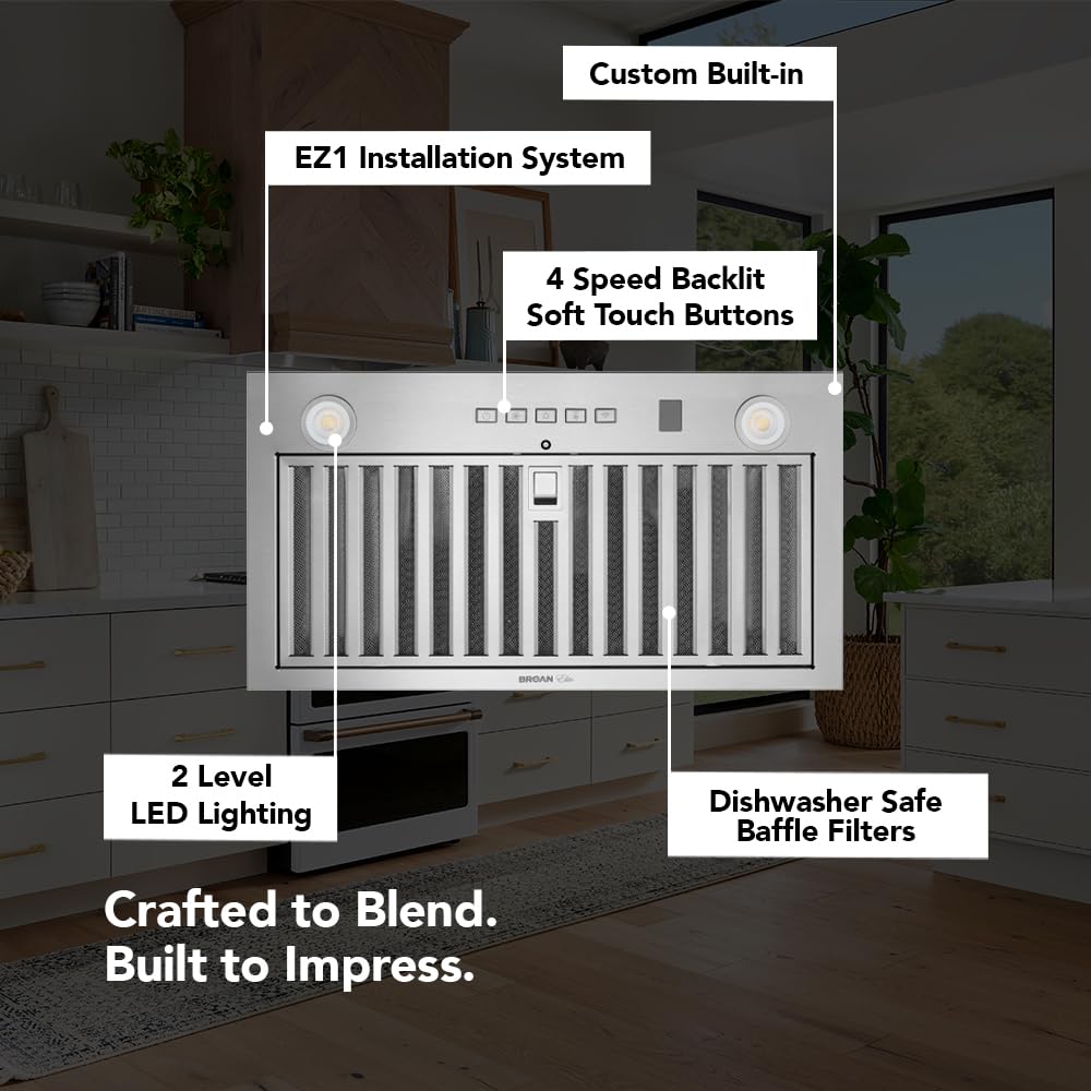 Broan-NuTone PM300SS Custom Power Pack Range Hood Insert with 2-Speed Exhaust Fan and Light, 300 Max Blower CFM, Stainless Steel, 21-Inch Built