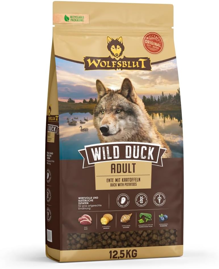 WOLFSBLUT – Wild Duck Adult | Trockenfutter mit natürlichen Zutaten und Superfoods für ausgewachsene Hunde. Getreidefreies Alleinfutter ohne Zusatzstoffe im Beutel | 12,5kg Ente