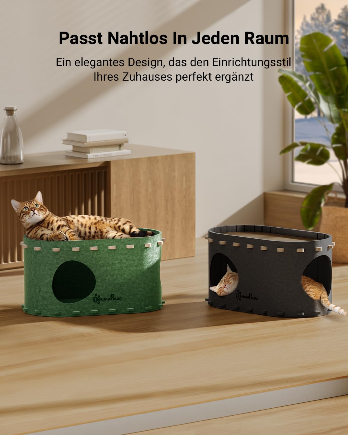 Katzenhöhle Filz, Katzenhaus aus Filz, Katzenbett, Katzenhöhle für Katzen, 58 x 33 x 30cm, Peek-a-Boo zum Spielen, Winterfest, Schutz der Katzennägel, Beige