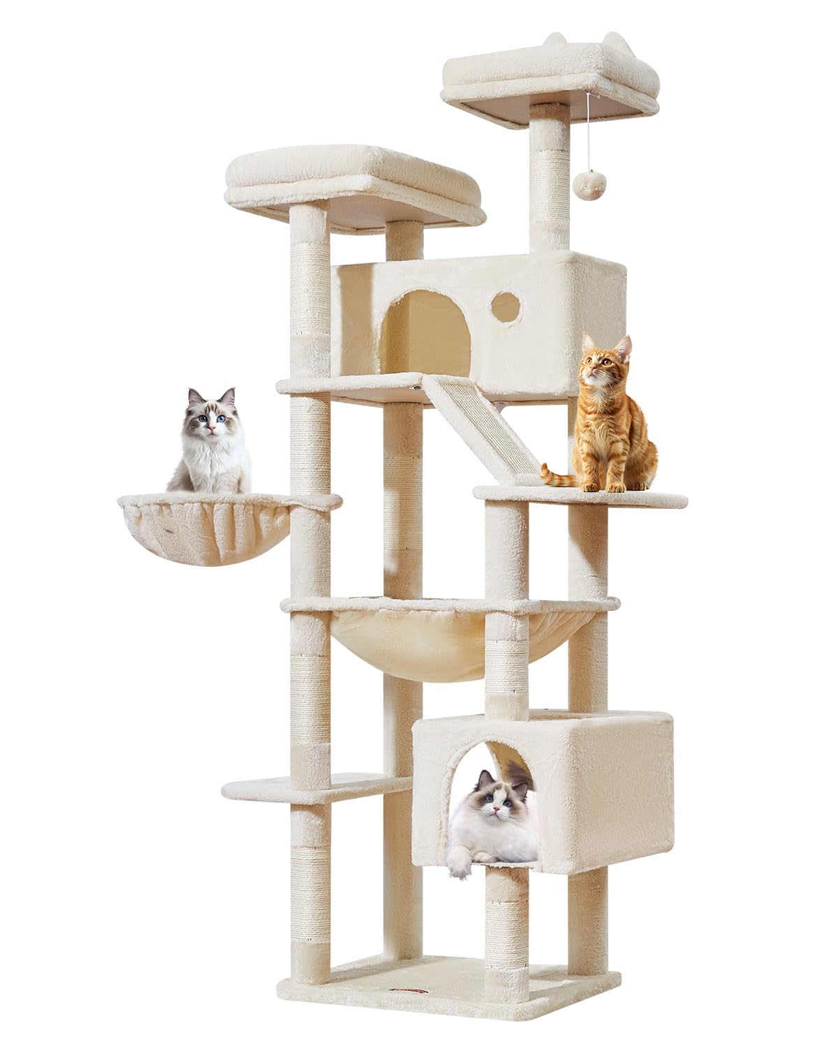 Taoqimiao 180CM Kratzbaum Groß, Katzenbaum Katzen Kratzbaum Grosse Katzen Stabil mit 2 Katzenhaus, Metallhängematte, Korb, 8 Kratzsäulen, Katzenkratztafel, MS026LM Beige