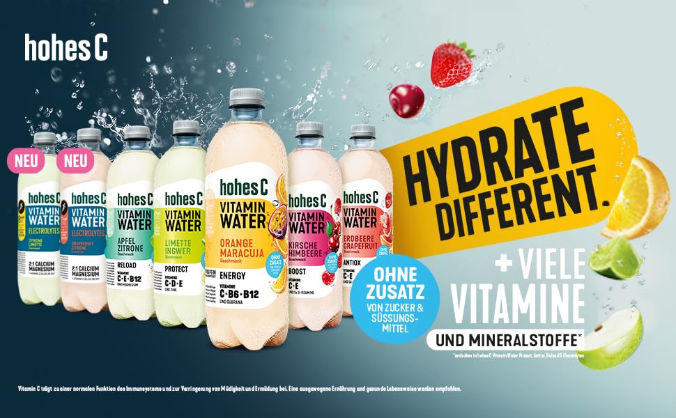 hohes C Vitamin Water Protect Limette & Ingwer (6 x 750ml), für dein Immunsystem: Vitamin C, D, E + Zink, gegen oxidativen Stress, nur 6kcal/100ml, ohne Zuckerzusatz & Süßungsmittel, vegan