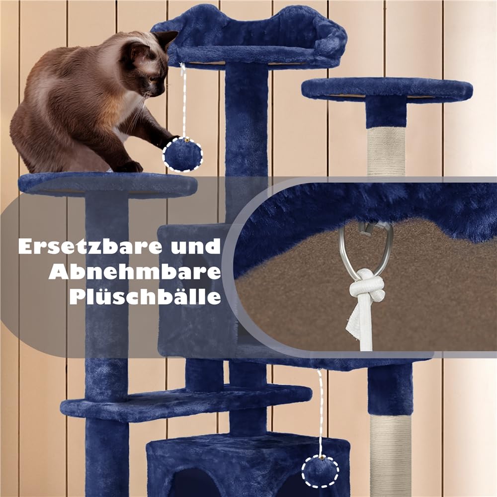 Yaheetech Kratzbaum Groß, 139 cm hoch, Mehrstöckiger Katzenbaum Kletterturm mit 3 Kratzsäulen, 3 Plattformen, 2 Gemütlichen Höhlen, 2 Plüschbällen, Stabiler Aktivitätsbereich für Katzen, Dunkelgrau