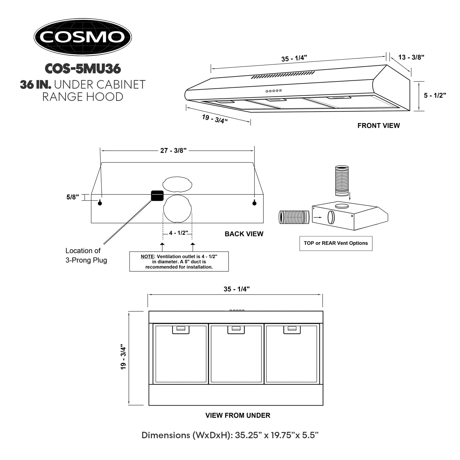 COSMO COS-5MU30 30 in. Delta Collection Ducted Under Cabinet Range Hood, Button Controls, Reusable Filters, LED Lights, Stainless Steel