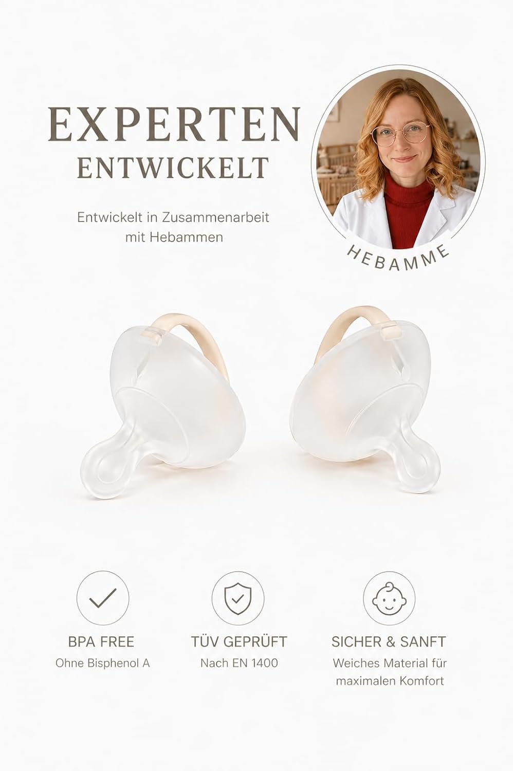 Nuckly NatureSense Brustähnlicher Schnuller – Doppelpack, 1–24 Monate, BPA-frei, Food-Grade Silikon, Beige