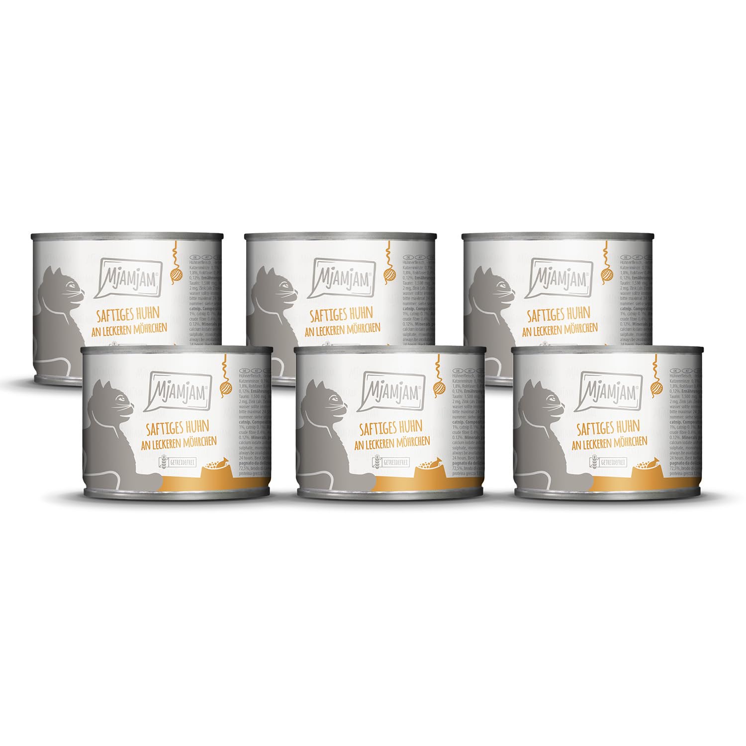 MjAMjAM - Premium Nassfutter für Katzen - saftiges Huhn an leckeren Möhrchen, 6er Pack (6 x 400 g), getreidefrei mit extra viel Fleisch