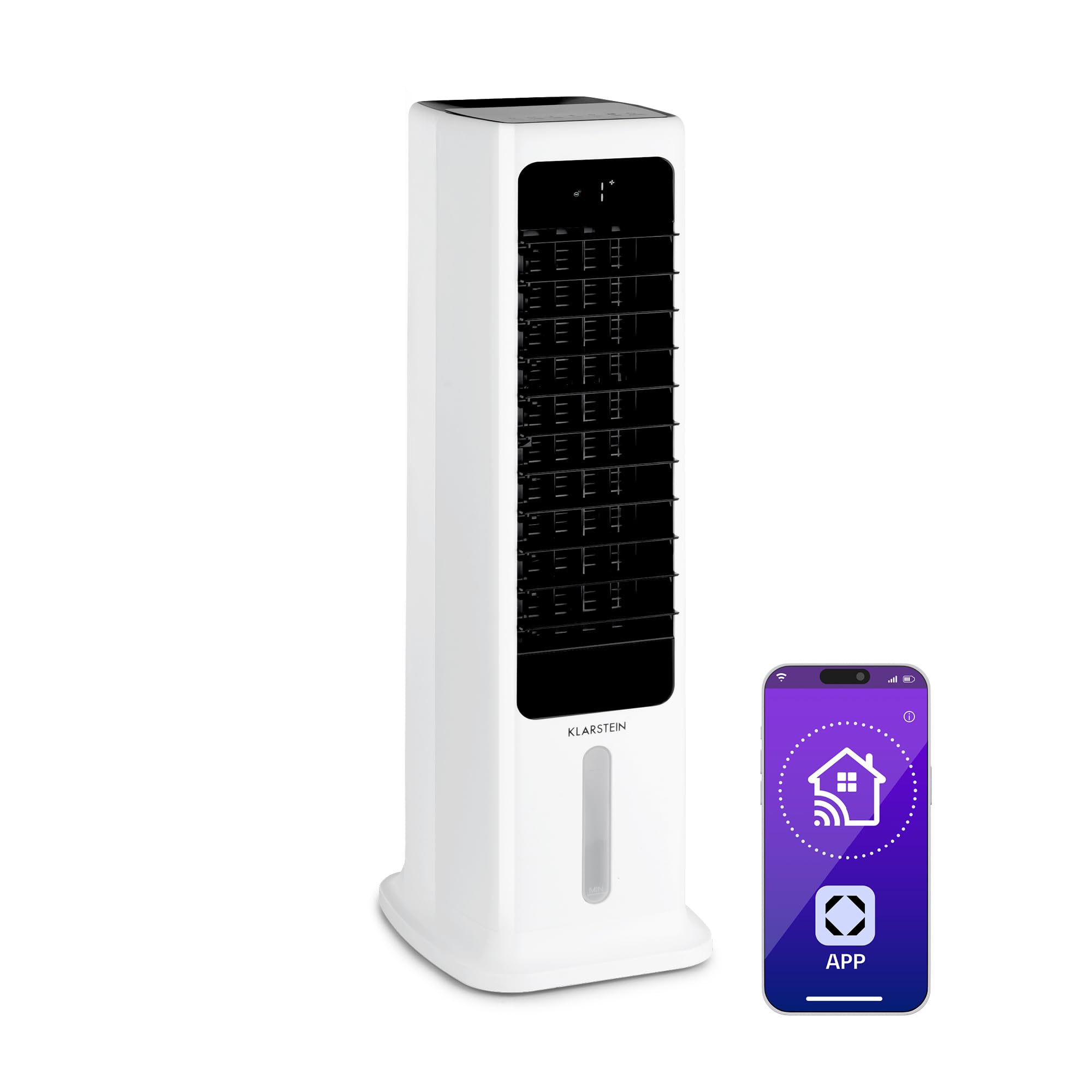 Klarstein Luftkühler mit Wasserkühlung, 5-in-1 Verdunstungskühler, Luftbefeuchter, Ventilator & Luftreiniger, Mobile Klimageräte Luftkühler mit App-Steuerung, 80W Air Cooler, 462m³/h Luftstrom